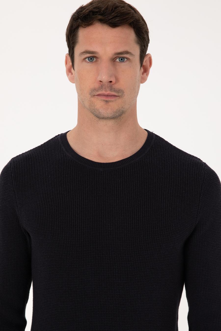 Lacivert Slim Fit Pamuk Karışımlı Bisiklet Yaka Triko Kazak - 50318983009