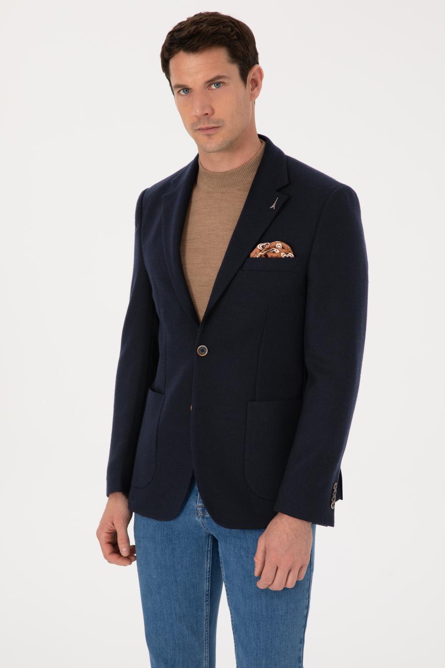 Lacivert Slim Fit Yün Karışımlı Spor Ceket - 50270156204