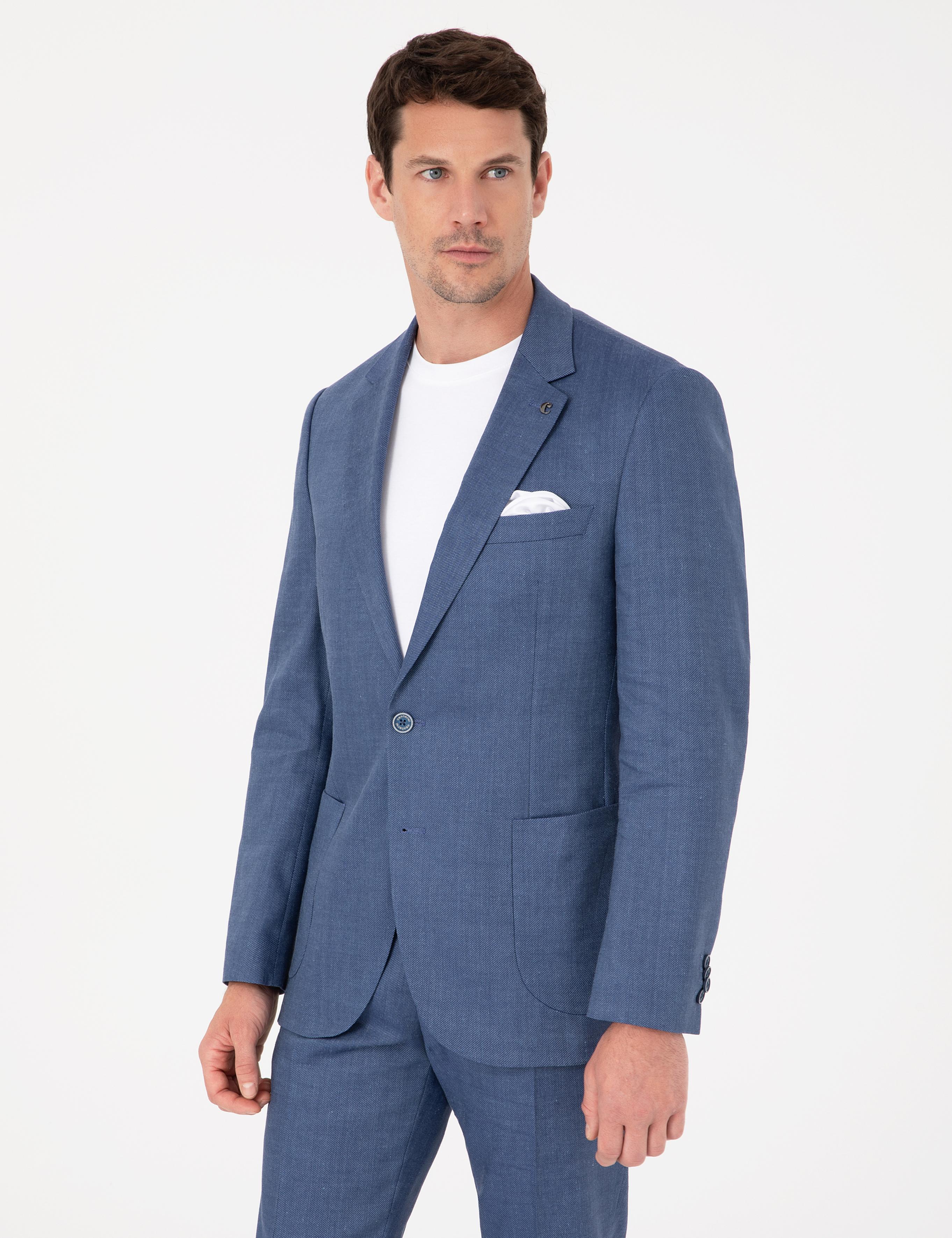 İndigo Slim Fit Keten Yün Karışımlı Mikro Desen Mono Yaka Takım Elbise - 50325513014