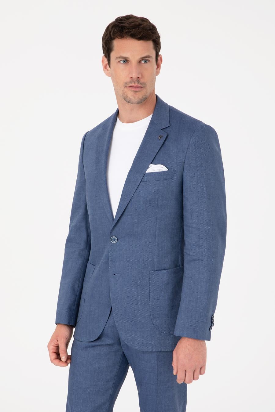 İndigo Slim Fit Keten Yün Karışımlı Mikro Desen Mono Yaka Takım Elbise - 50325513014