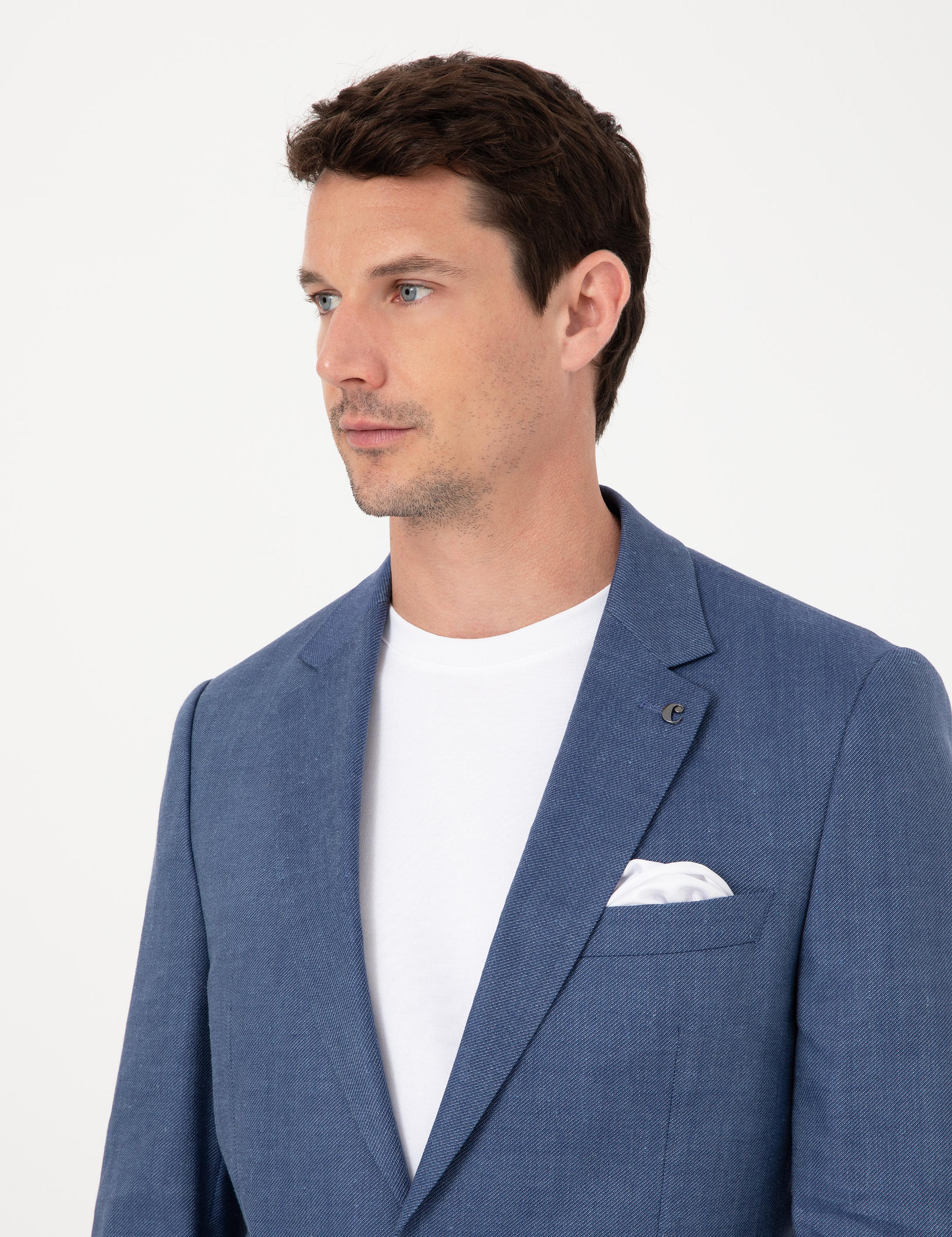 İndigo Slim Fit Keten Yün Karışımlı Mikro Desen Mono Yaka Takım Elbise - 50325513014