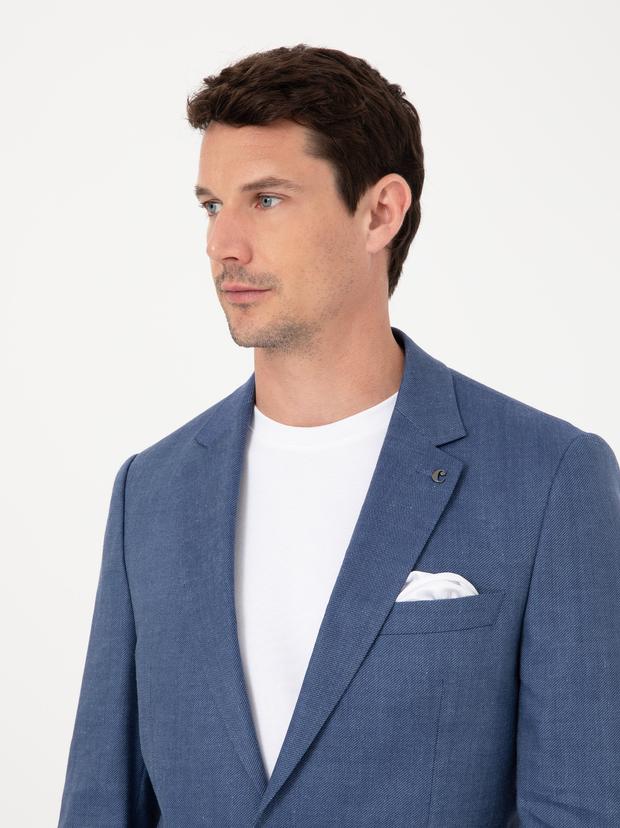 İndigo Slim Fit Keten Yün Karışımlı Mikro Desen Mono Yaka Takım Elbise