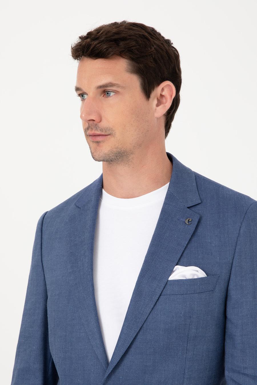 İndigo Slim Fit Keten Yün Karışımlı Mikro Desen Mono Yaka Takım Elbise - 50325513014