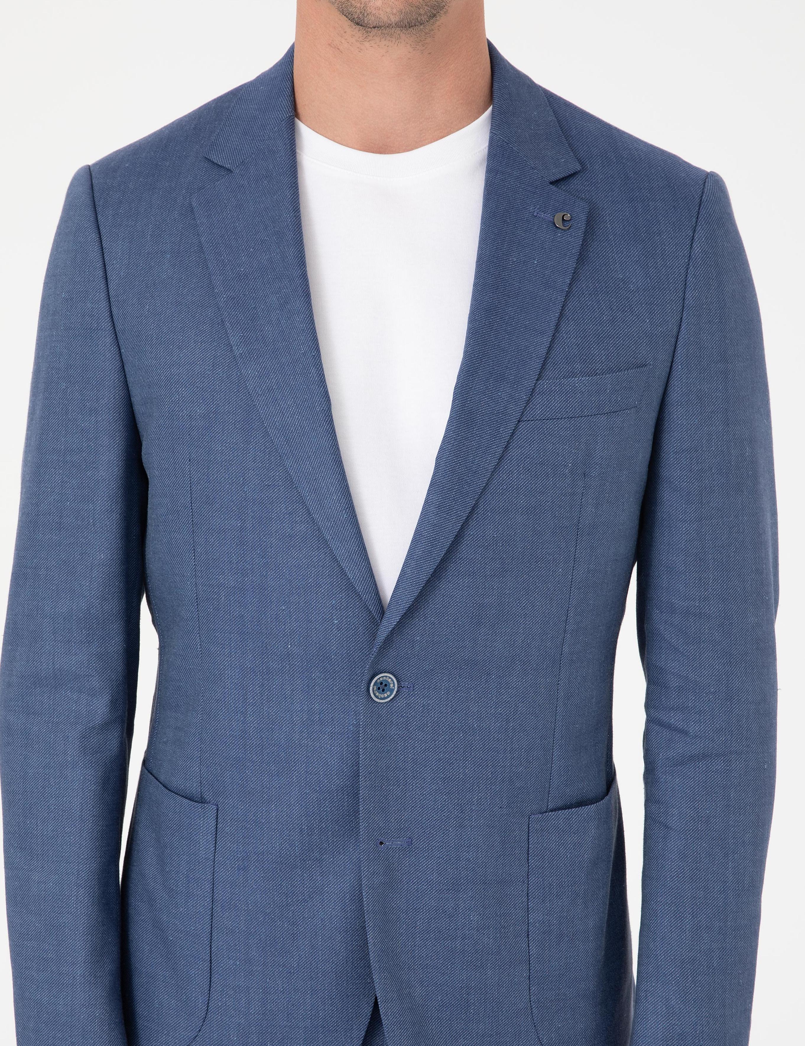 İndigo Slim Fit Keten Yün Karışımlı Mikro Desen Mono Yaka Takım Elbise - 50325513014