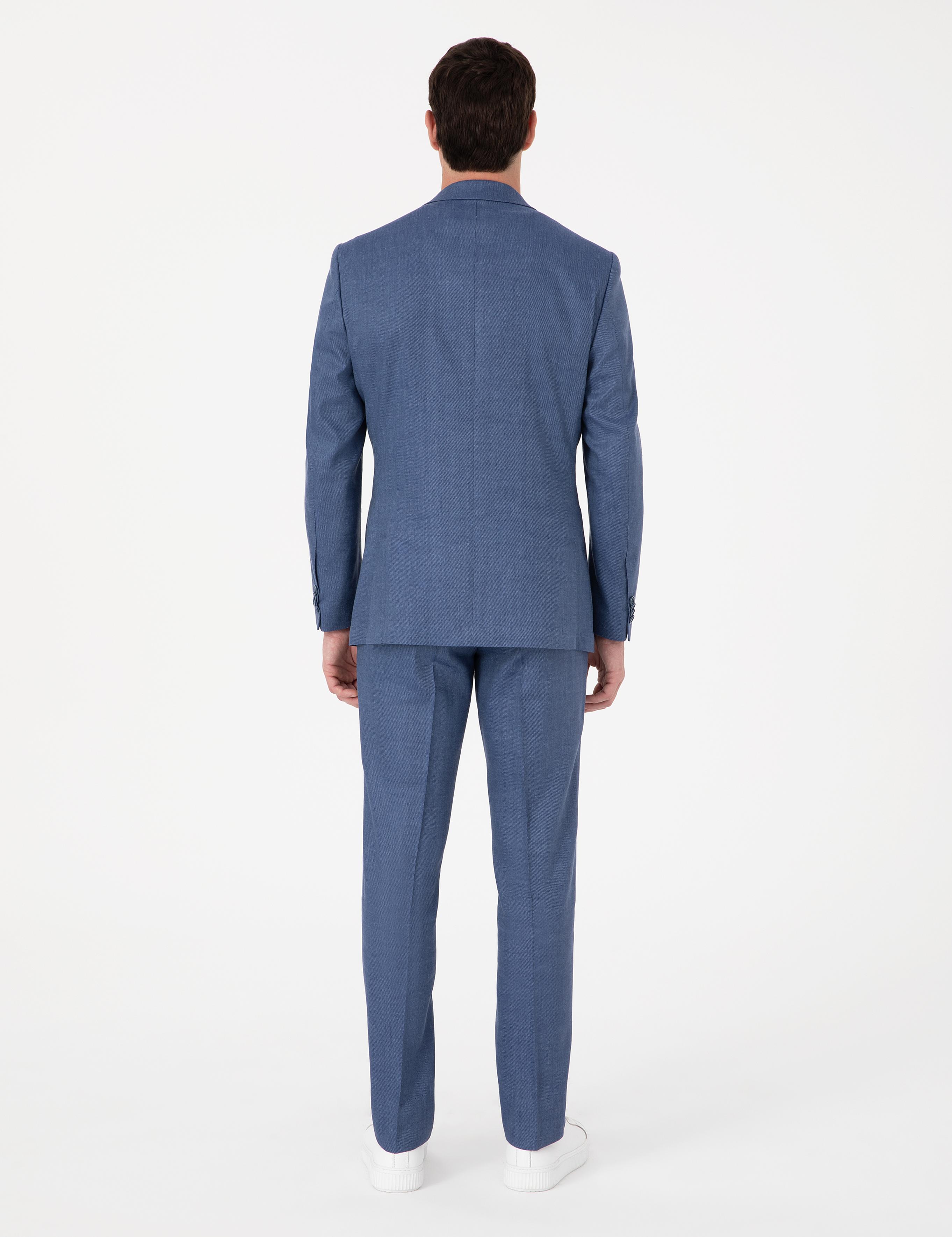 İndigo Slim Fit Keten Yün Karışımlı Mikro Desen Mono Yaka Takım Elbise - 50325513014