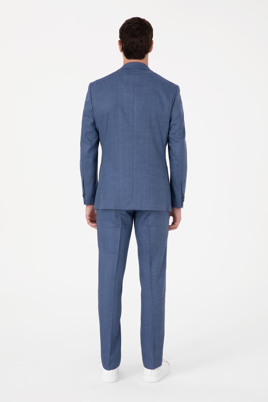 İndigo Slim Fit Keten Yün Karışımlı Mikro Desen Mono Yaka Takım Elbise - 50325513014