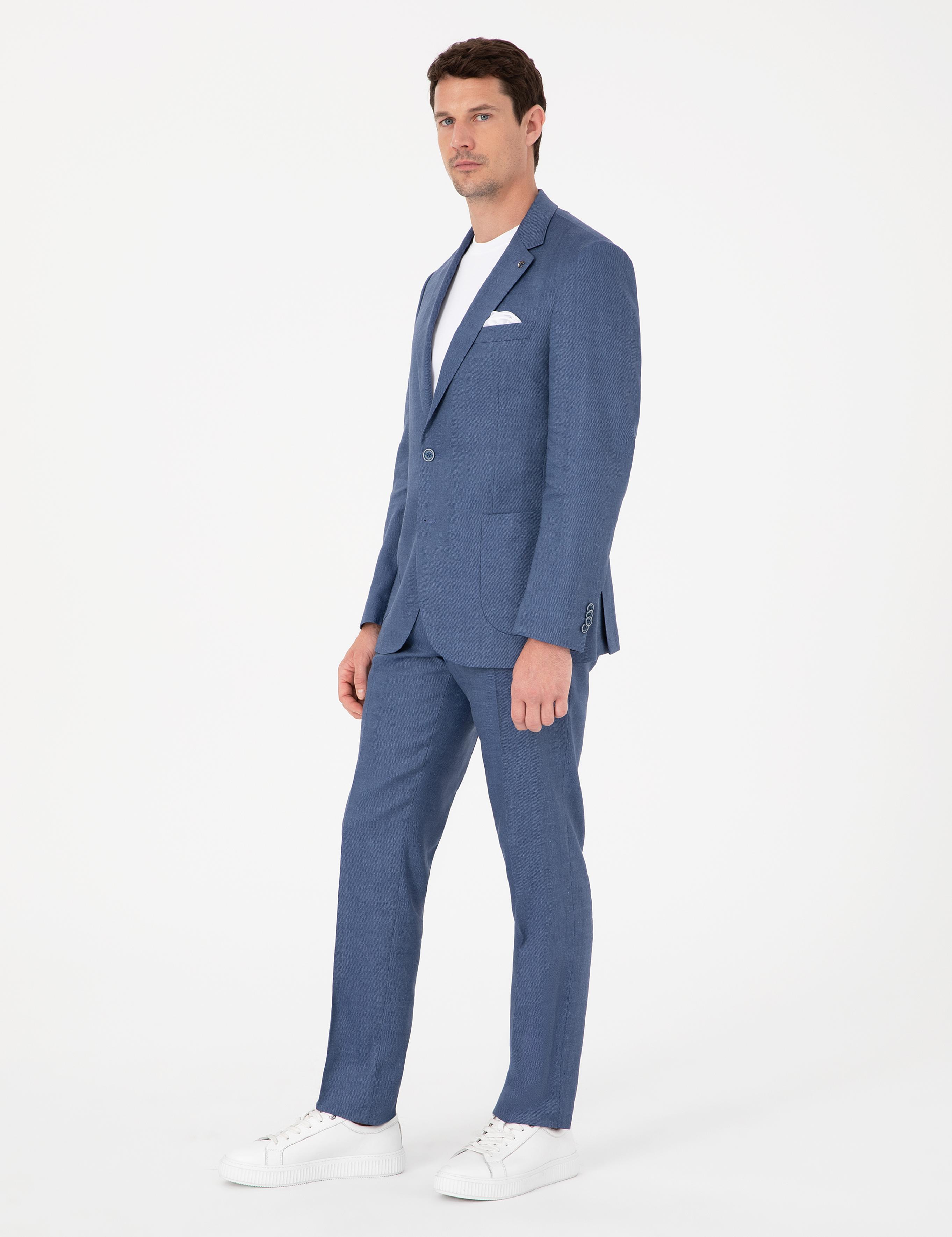 İndigo Slim Fit Keten Yün Karışımlı Mikro Desen Mono Yaka Takım Elbise - 50325513014
