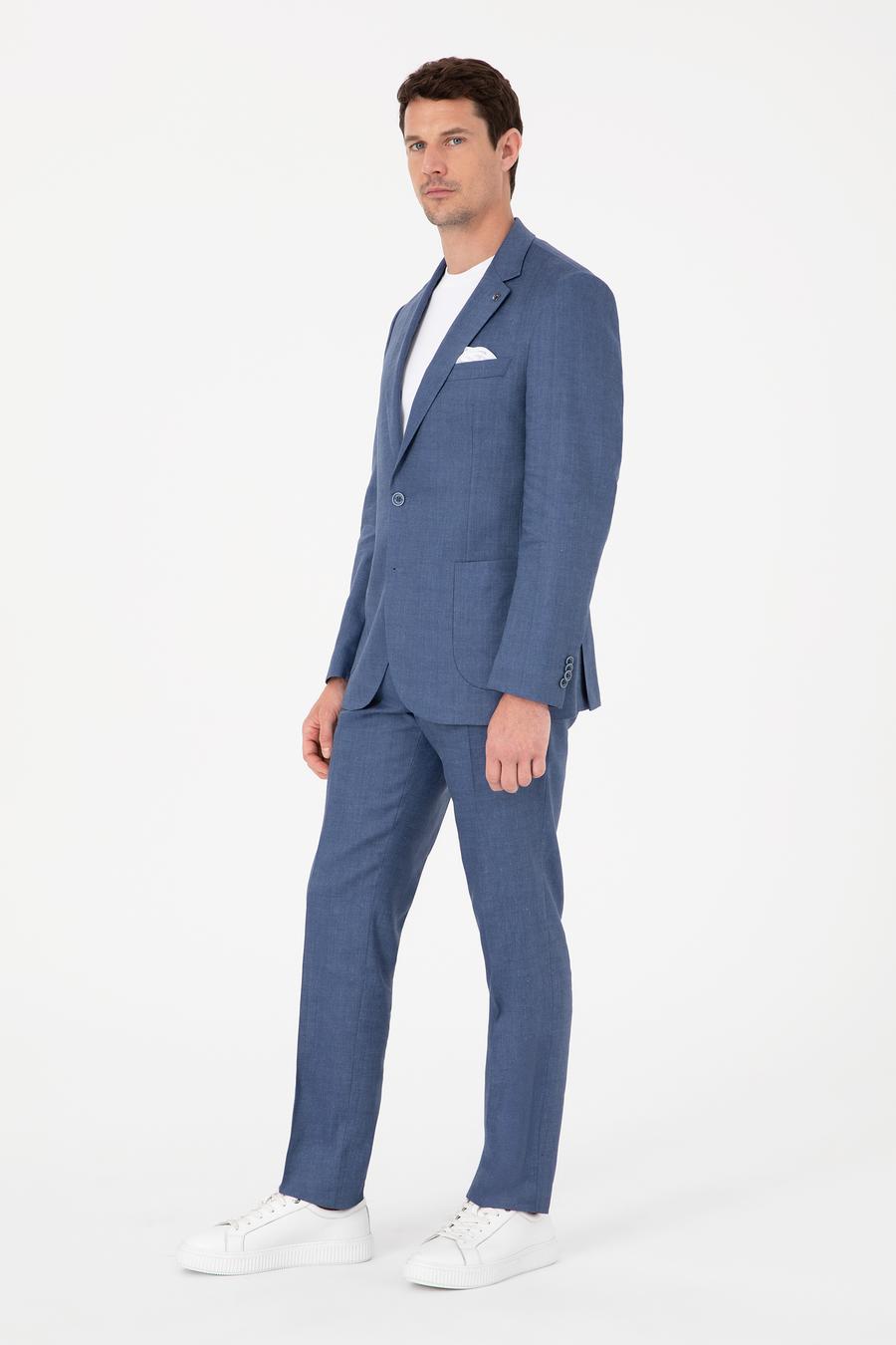 İndigo Slim Fit Keten Yün Karışımlı Mikro Desen Mono Yaka Takım Elbise - 50325513014