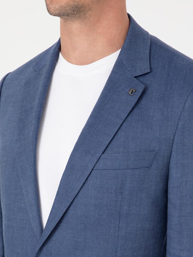 İndigo Slim Fit Keten Yün Karışımlı Mikro Desen Mono Yaka Takım Elbise