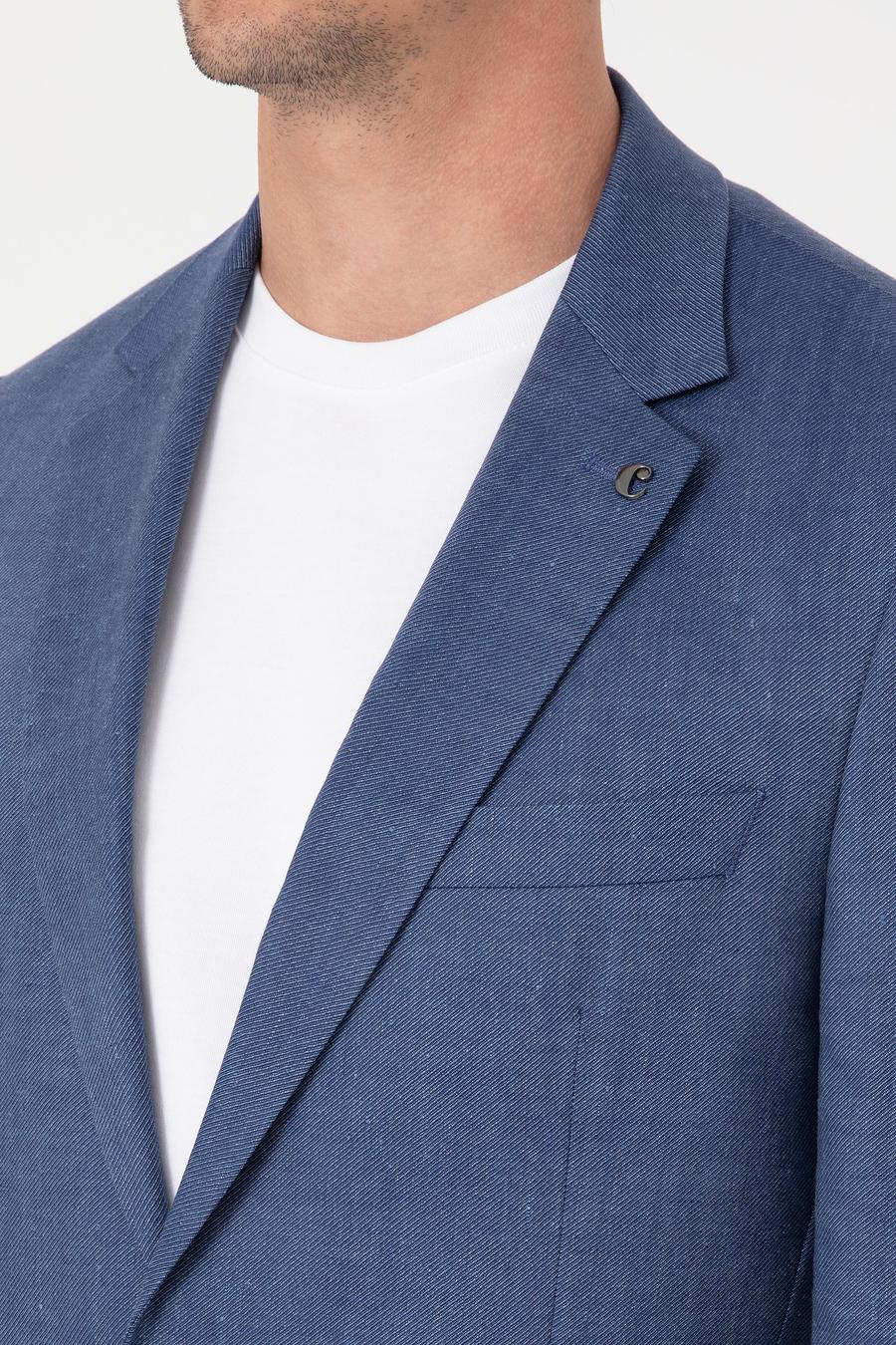 İndigo Slim Fit Keten Yün Karışımlı Mikro Desen Mono Yaka Takım Elbise - 50325513014