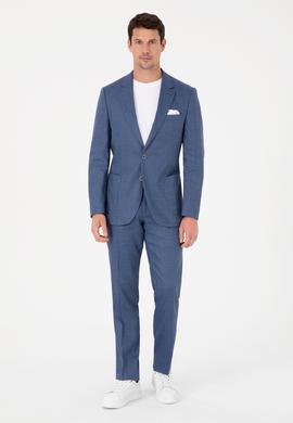 İndigo Slim Fit Keten Yün Karışımlı Mikro Desen Mono Yaka Takım Elbise