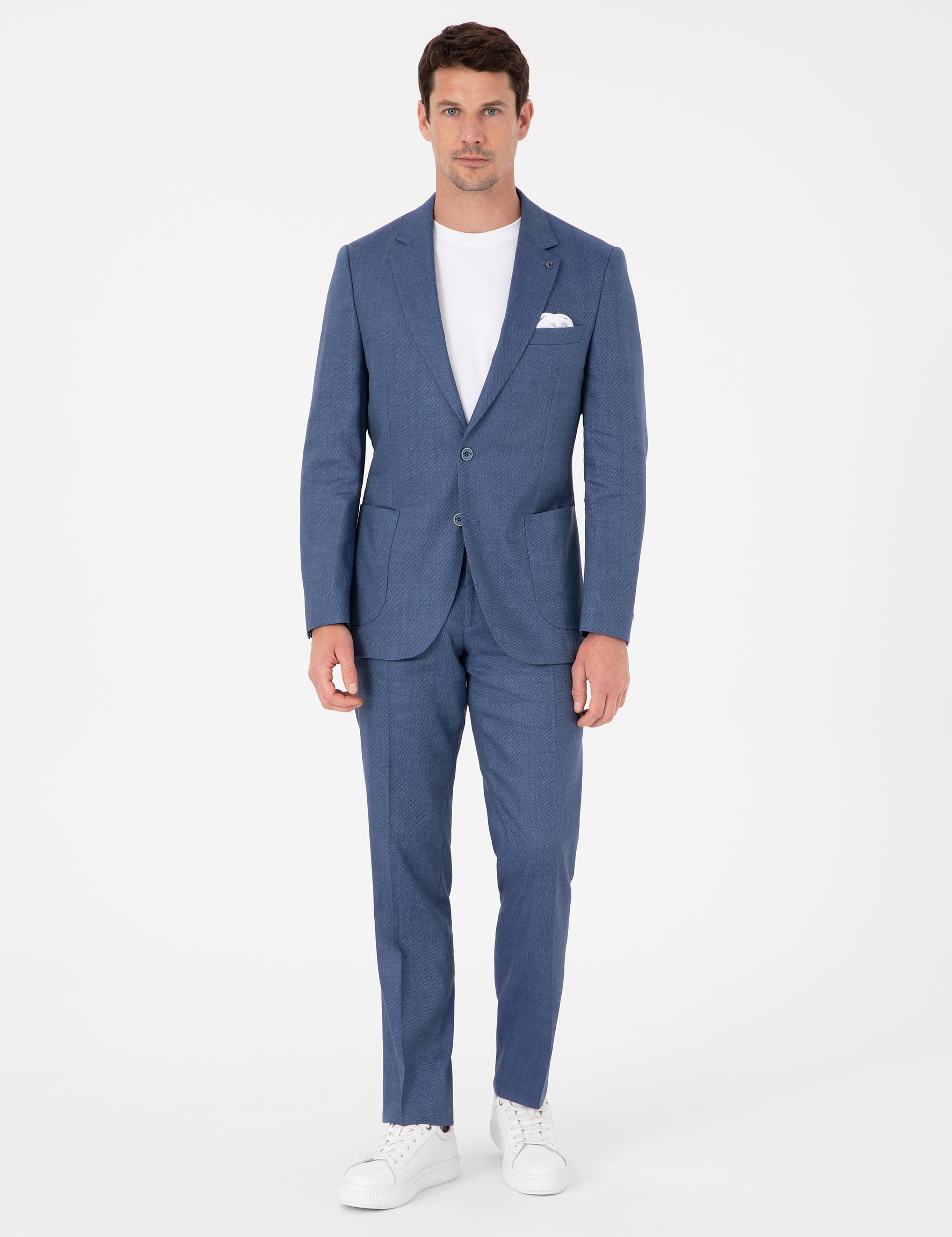 İndigo Slim Fit Keten Yün Karışımlı Mikro Desen Mono Yaka Takım Elbise - 50325513014
