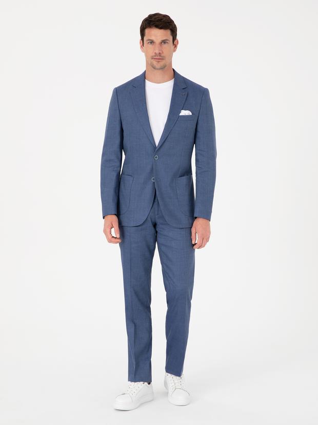 İndigo Slim Fit Keten Yün Karışımlı Mikro Desen Mono Yaka Takım Elbise