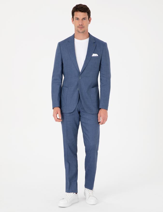 İndigo Slim Fit Keten Yün Karışımlı Mikro Desen Mono Yaka Takım Elbise