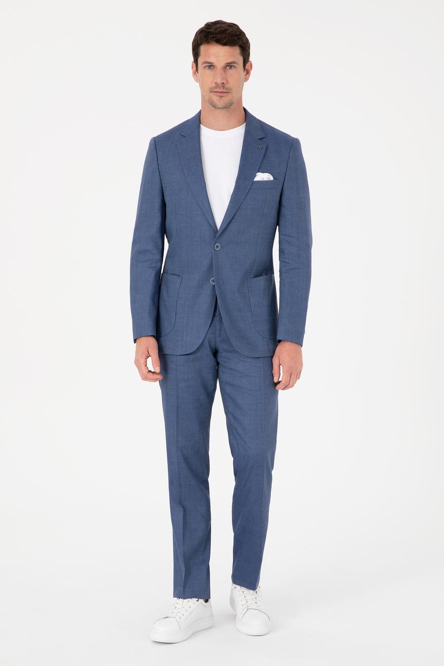 İndigo Slim Fit Keten Yün Karışımlı Mikro Desen Mono Yaka Takım Elbise - 50325513014