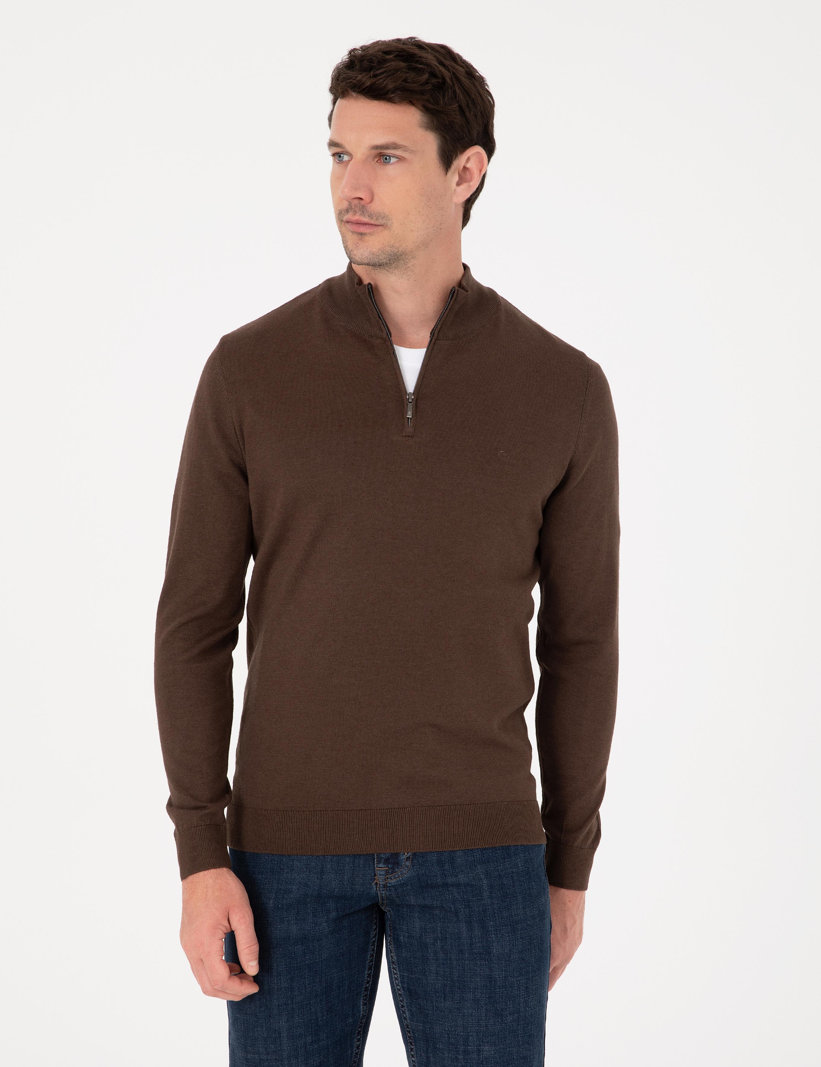 Kahverengi Slim Fit Pamuk Karışımlı Yarım Fermuarlı Dik Yaka Triko Kazak - 50318981020