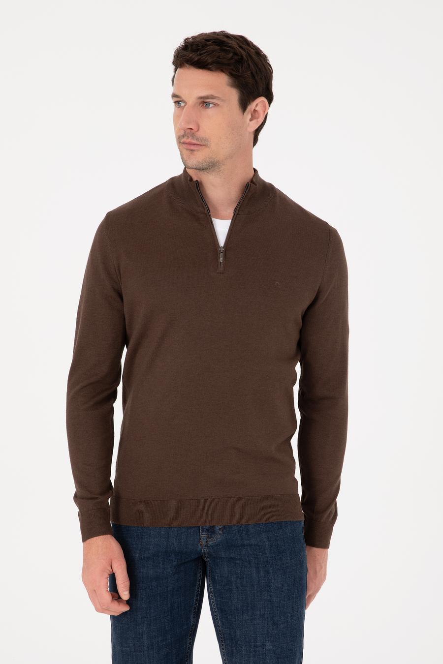 Kahverengi Slim Fit Pamuk Karışımlı Yarım Fermuarlı Dik Yaka Triko Kazak - 50318981020