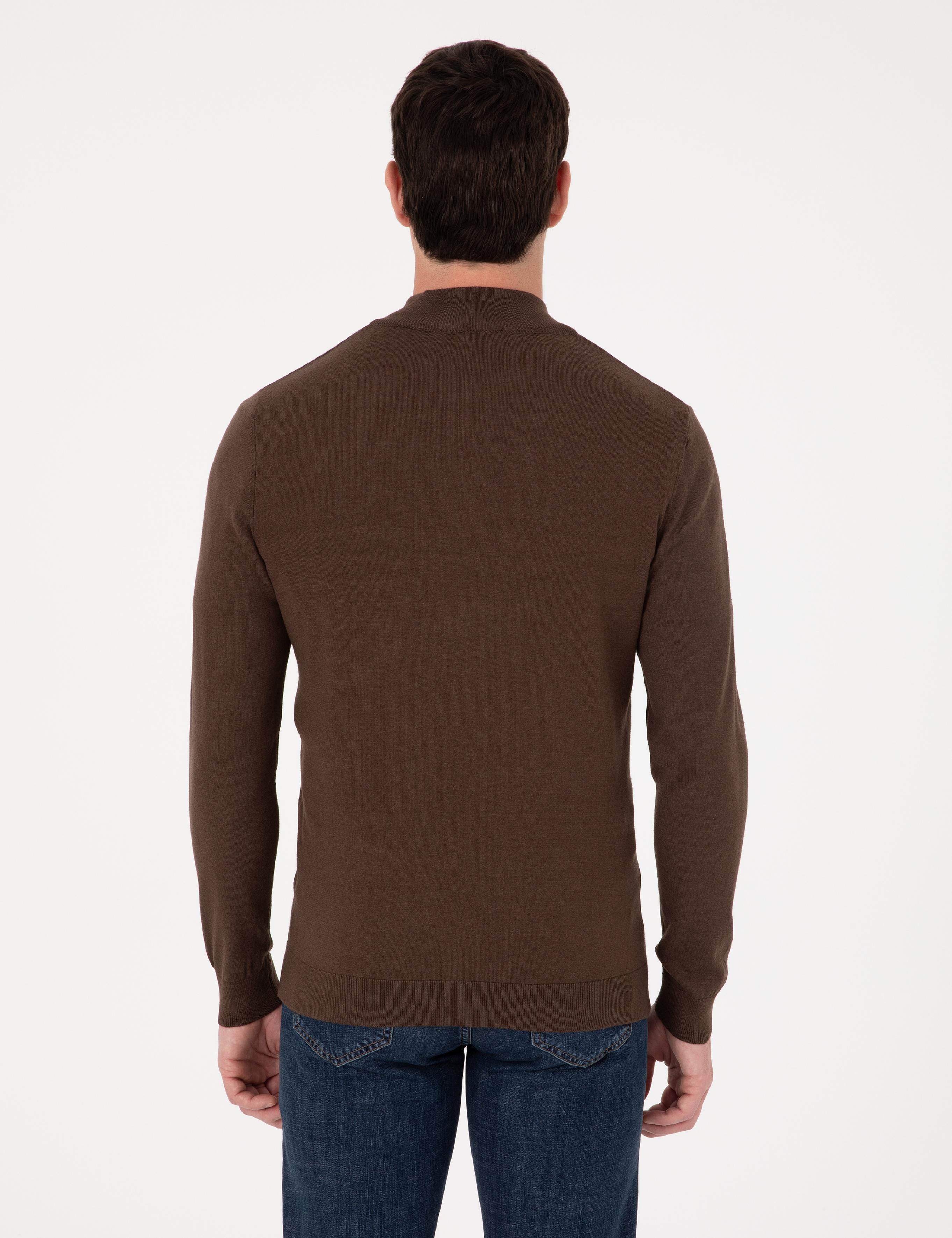 Kahverengi Slim Fit Pamuk Karışımlı Yarım Fermuarlı Dik Yaka Triko Kazak - 50318981020