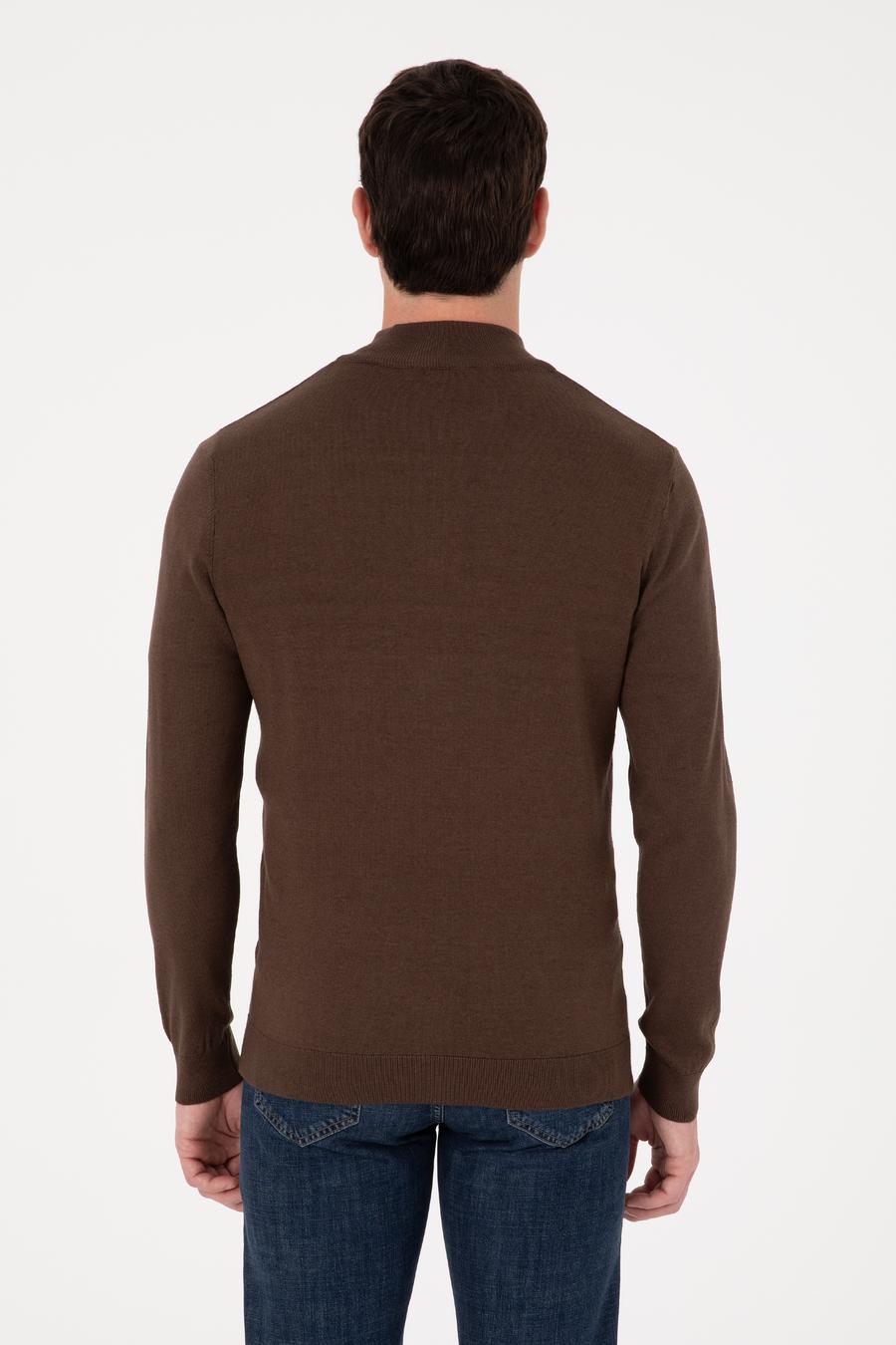 Kahverengi Slim Fit Pamuk Karışımlı Yarım Fermuarlı Dik Yaka Triko Kazak - 50318981020