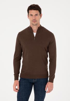 Kahverengi Slim Fit Pamuk Karışımlı Yarım Fermuarlı Dik Yaka Triko Kazak