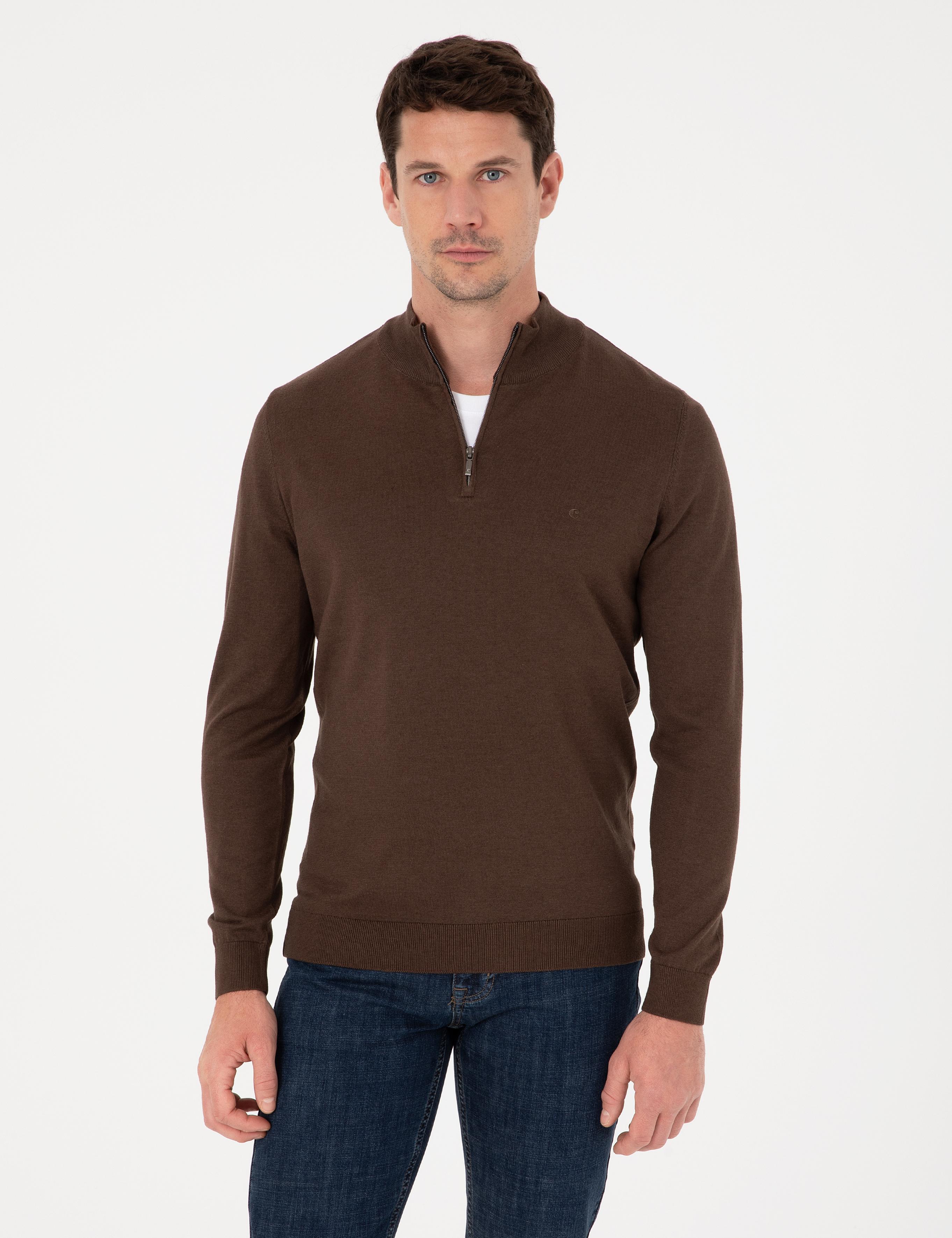 Kahverengi Slim Fit Pamuk Karışımlı Yarım Fermuarlı Dik Yaka Triko Kazak - 50318981020