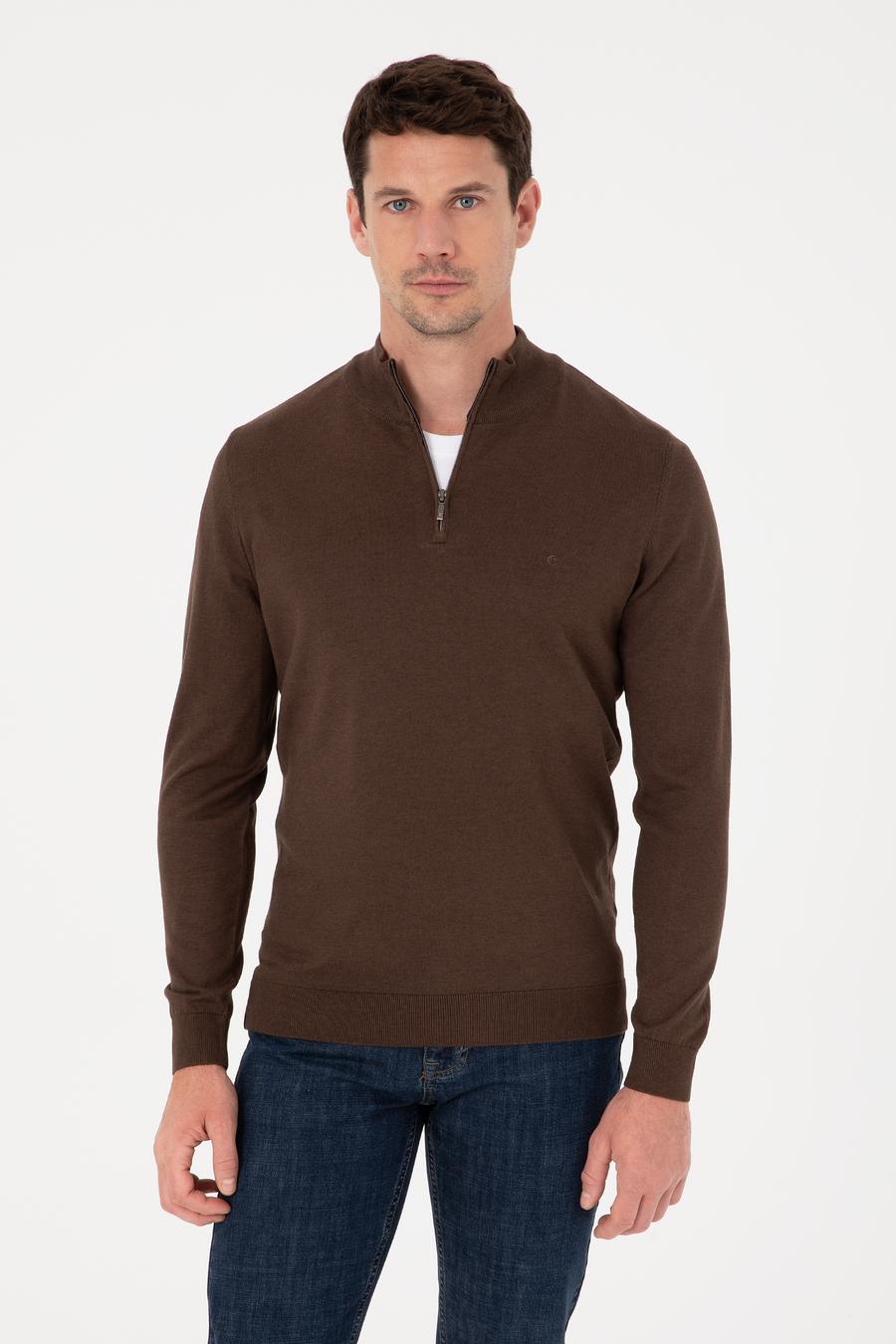 Kahverengi Slim Fit Pamuk Karışımlı Yarım Fermuarlı Dik Yaka Triko Kazak - 50318981020