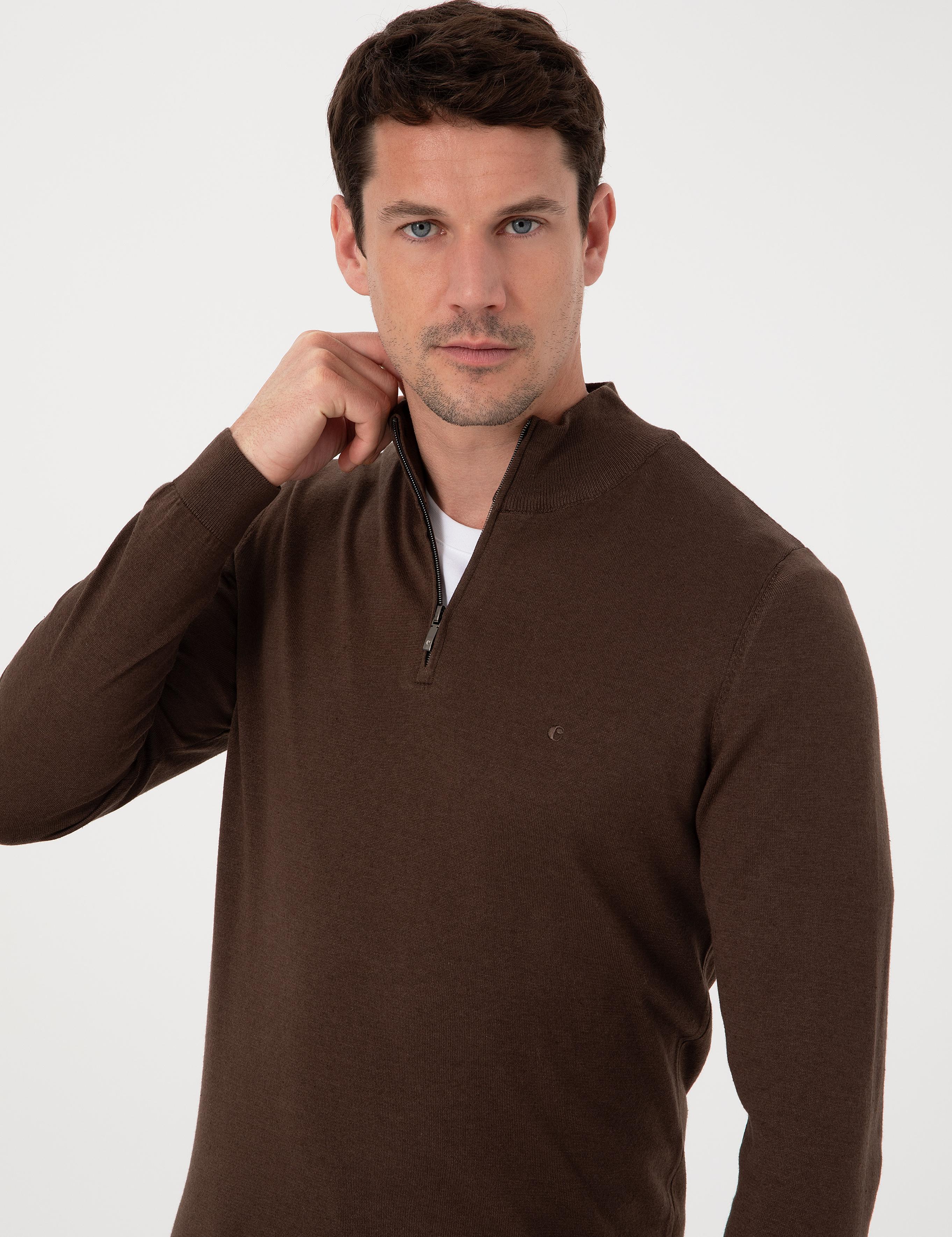 Kahverengi Slim Fit Pamuk Karışımlı Yarım Fermuarlı Dik Yaka Triko Kazak - 50318981020