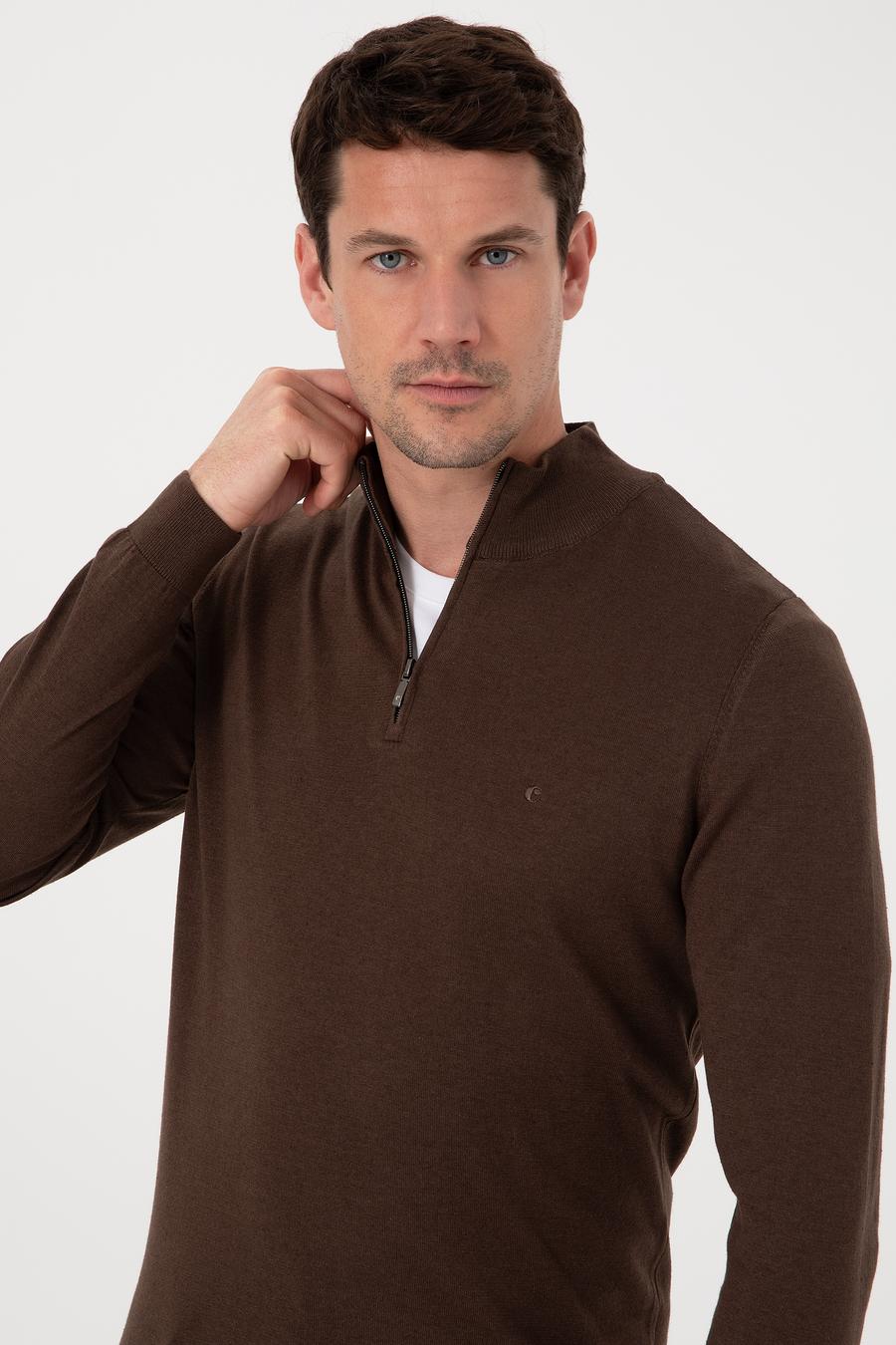 Kahverengi Slim Fit Pamuk Karışımlı Yarım Fermuarlı Dik Yaka Triko Kazak - 50318981020