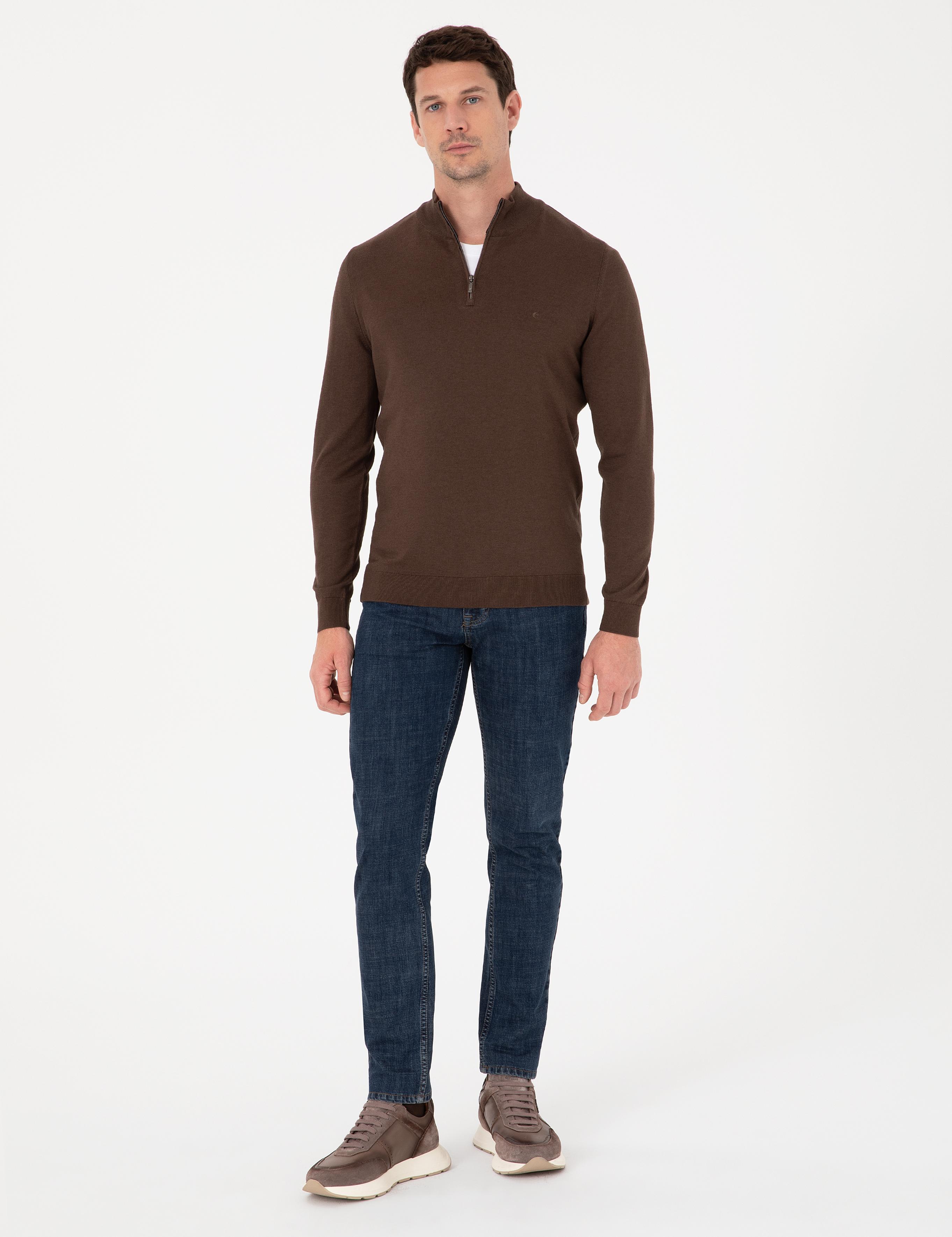 Kahverengi Slim Fit Pamuk Karışımlı Yarım Fermuarlı Dik Yaka Triko Kazak - 50318981020