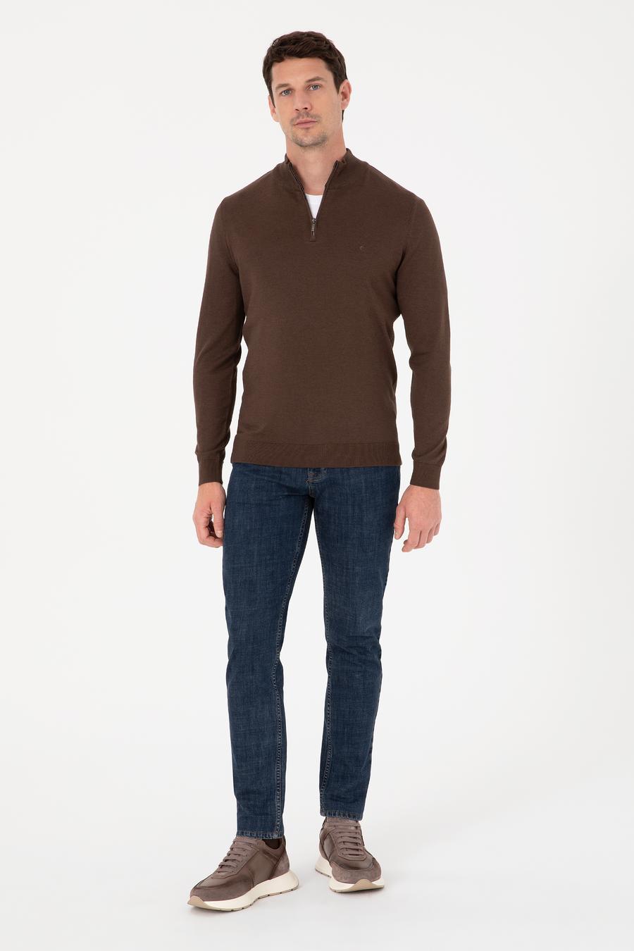 Kahverengi Slim Fit Pamuk Karışımlı Yarım Fermuarlı Dik Yaka Triko Kazak - 50318981020