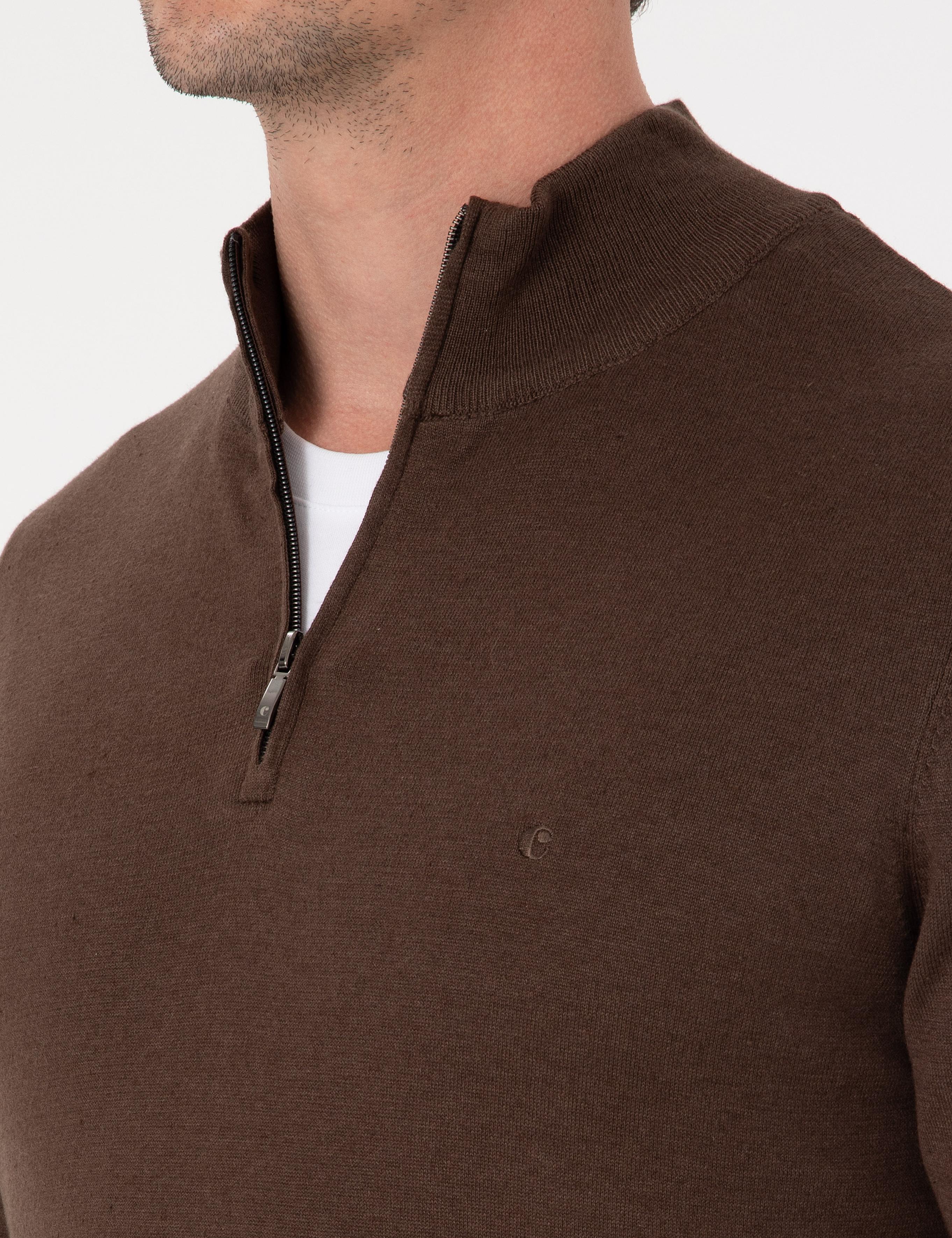 Kahverengi Slim Fit Pamuk Karışımlı Yarım Fermuarlı Dik Yaka Triko Kazak - 50318981020