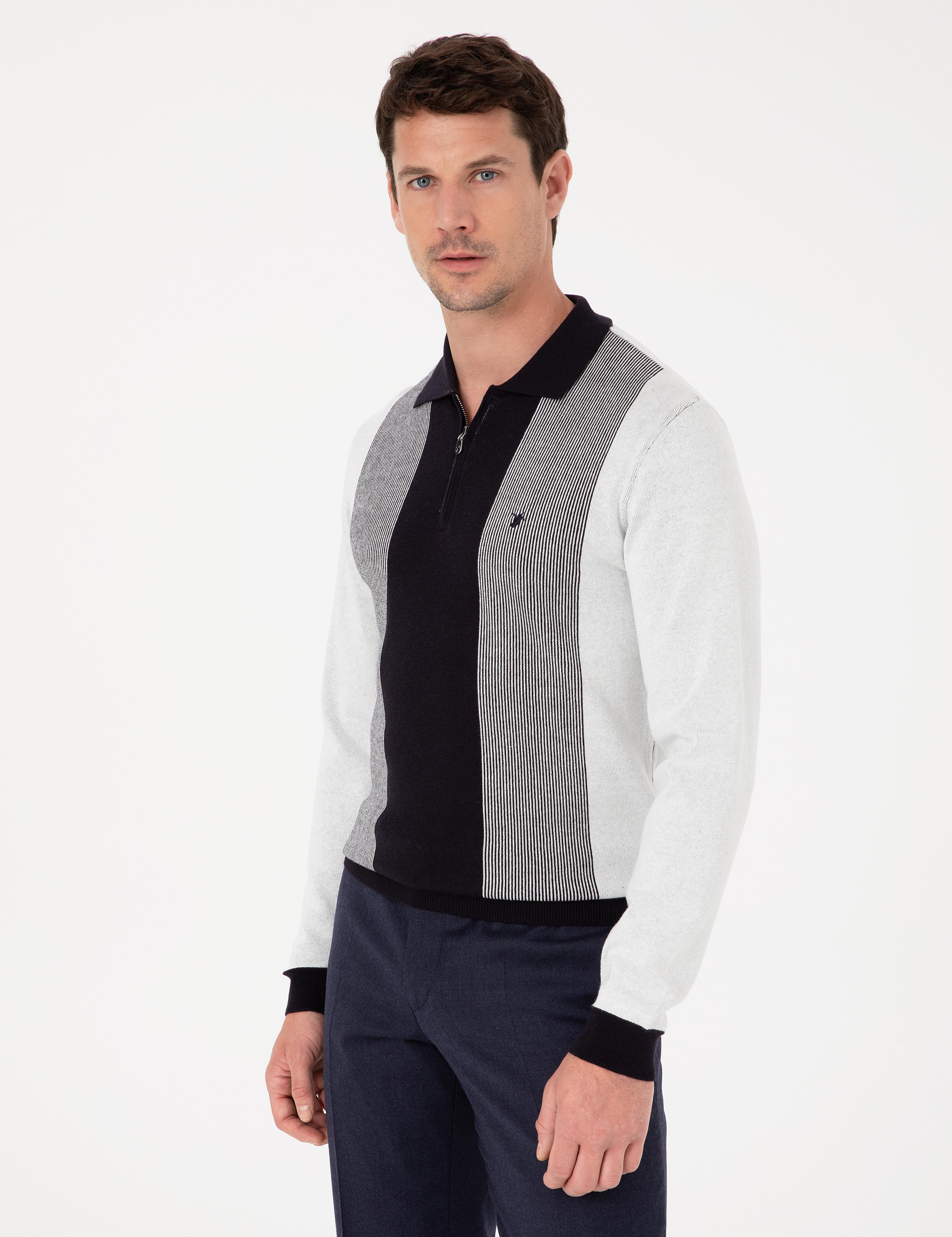 Lacivert Slim Fit Pamuk Karışımlı Fermuarlı Polo Yaka Triko Kazak - 50318975033
