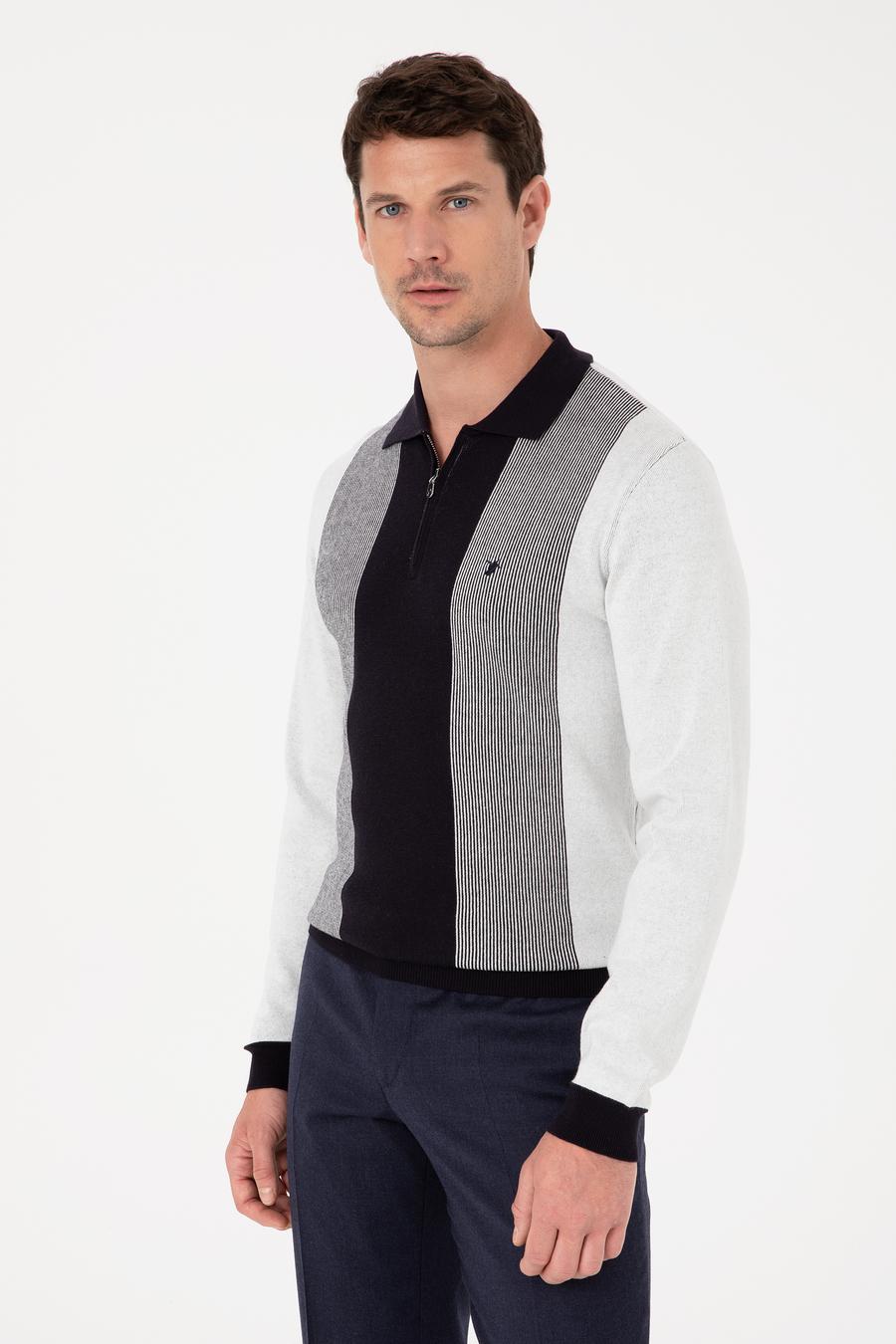 Lacivert Slim Fit Pamuk Karışımlı Fermuarlı Polo Yaka Triko Kazak - 50318975033