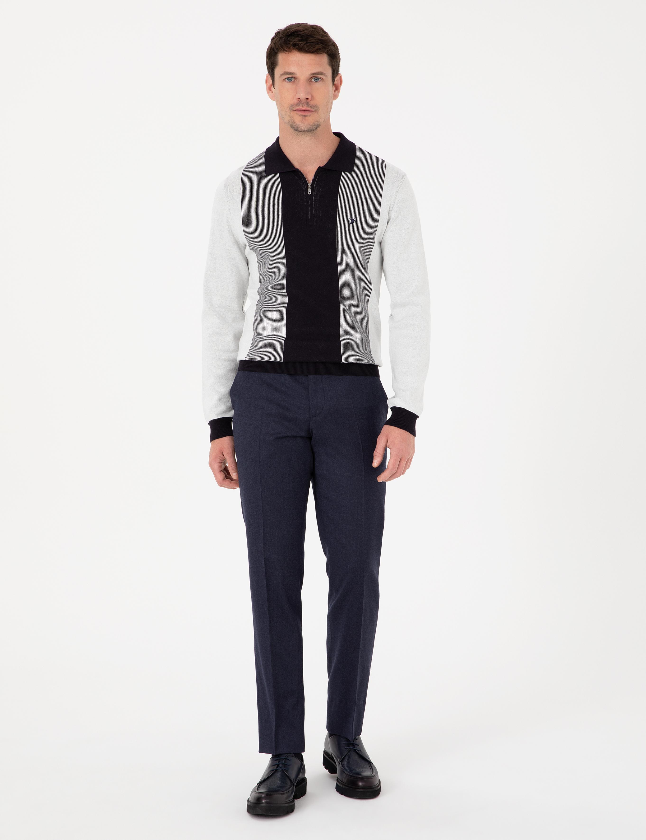 Lacivert Slim Fit Pamuk Karışımlı Fermuarlı Polo Yaka Triko Kazak - 50318975033