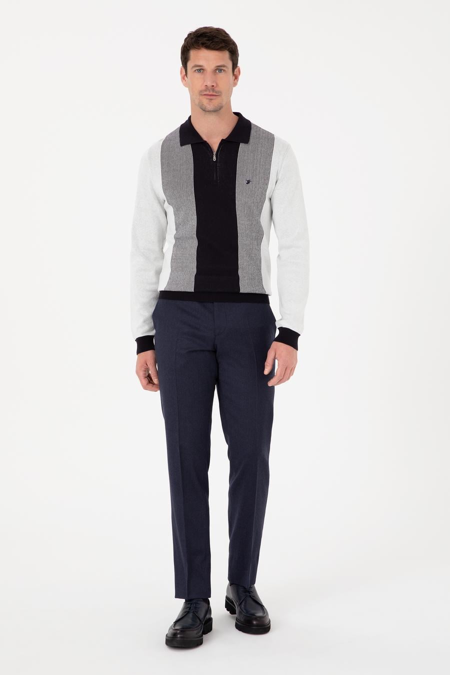 Lacivert Slim Fit Pamuk Karışımlı Fermuarlı Polo Yaka Triko Kazak - 50318975033