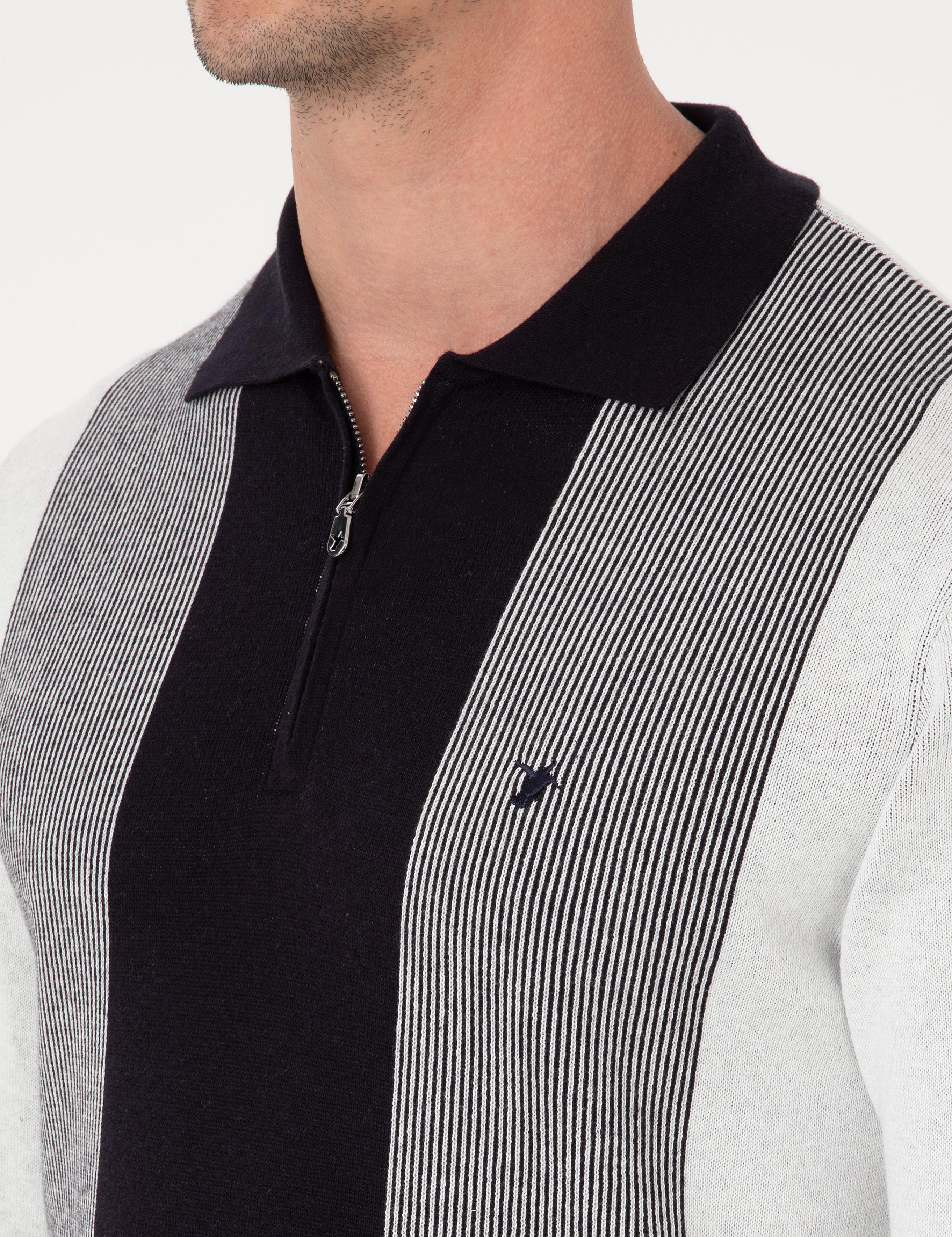 Lacivert Slim Fit Pamuk Karışımlı Fermuarlı Polo Yaka Triko Kazak - 50318975033