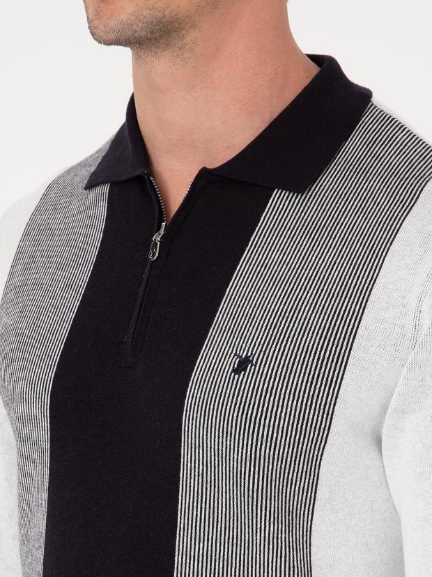 Lacivert Slim Fit Pamuk Karışımlı Fermuarlı Polo Yaka Triko Kazak