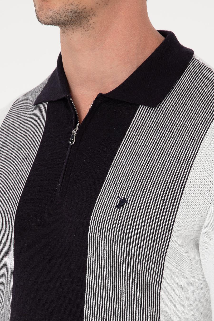 Lacivert Slim Fit Pamuk Karışımlı Fermuarlı Polo Yaka Triko Kazak - 50318975033