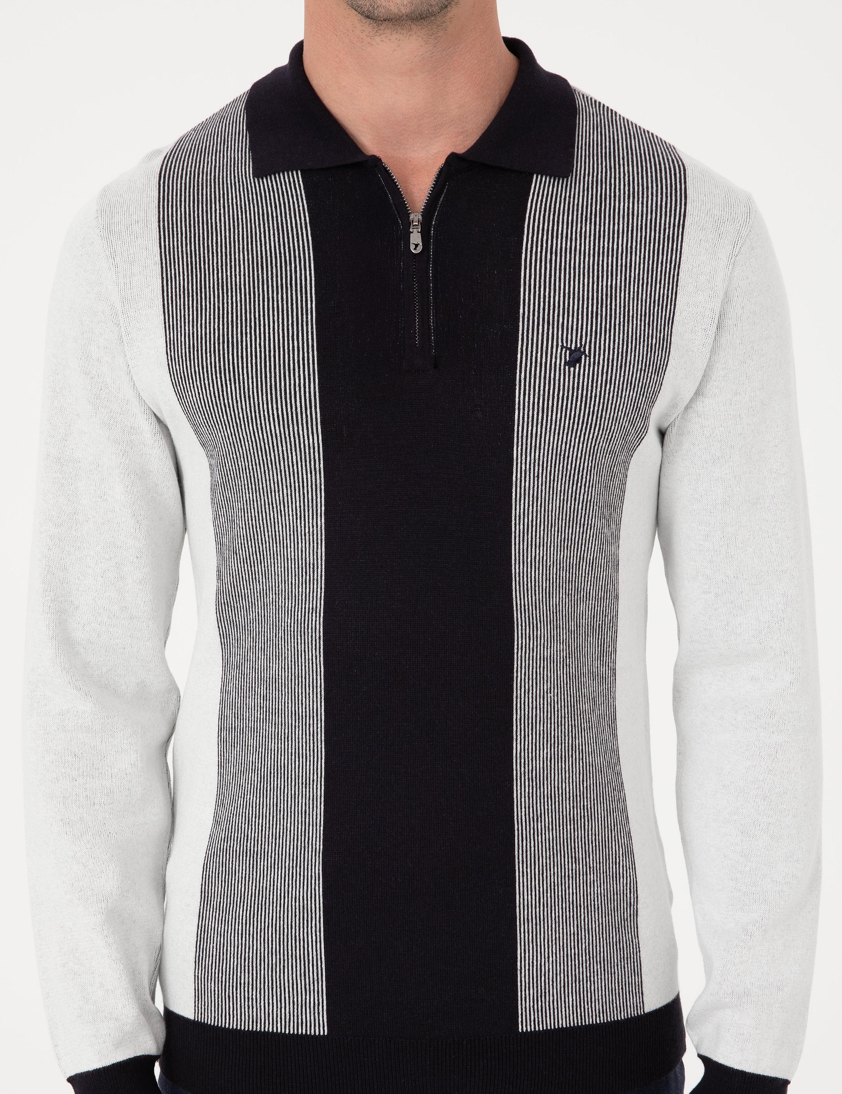 Lacivert Slim Fit Pamuk Karışımlı Fermuarlı Polo Yaka Triko Kazak - 50318975033