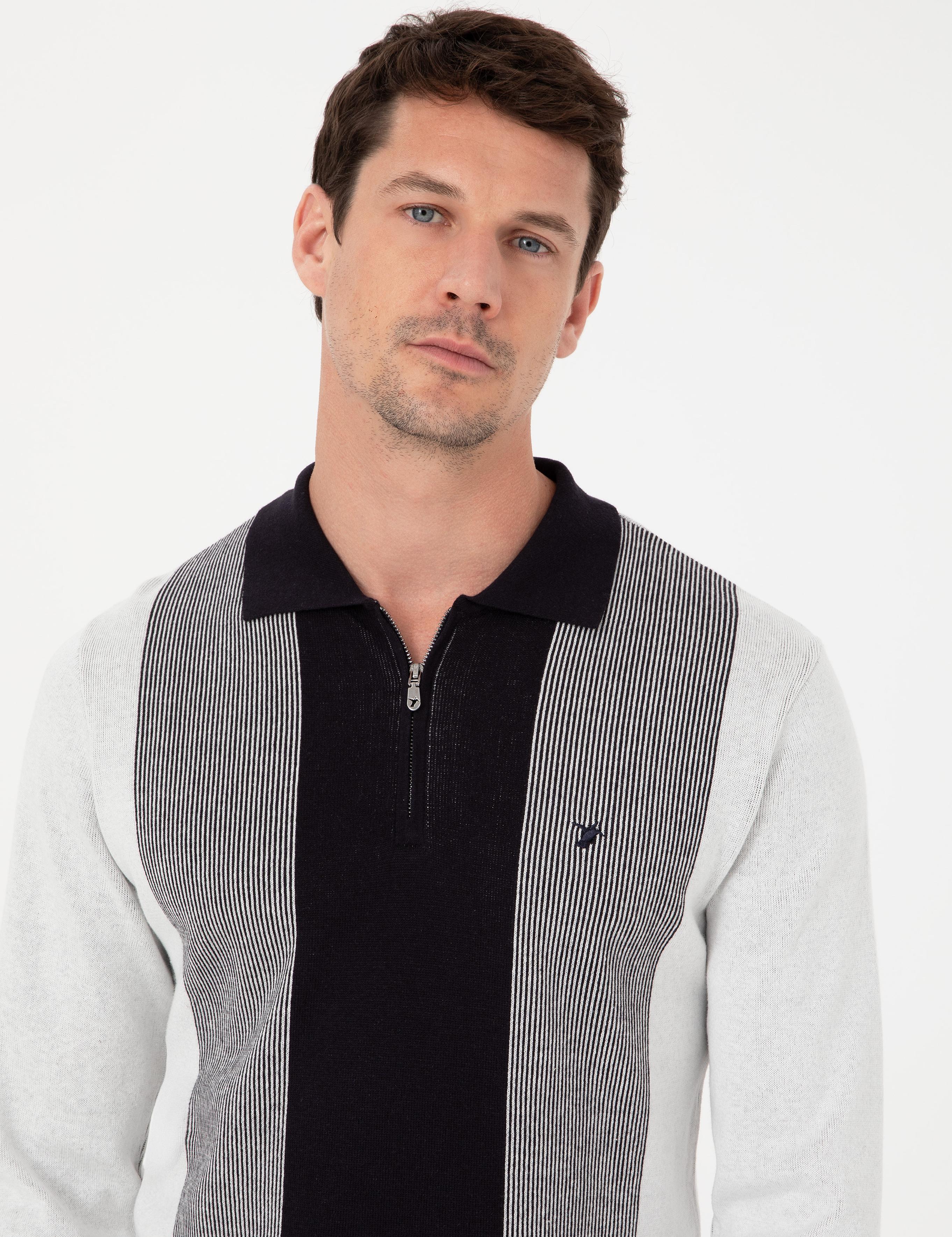 Lacivert Slim Fit Pamuk Karışımlı Fermuarlı Polo Yaka Triko Kazak - 50318975033