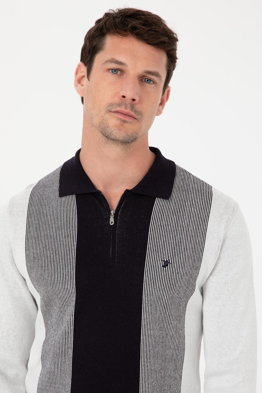 Lacivert Slim Fit Pamuk Karışımlı Fermuarlı Polo Yaka Triko Kazak - 50318975033