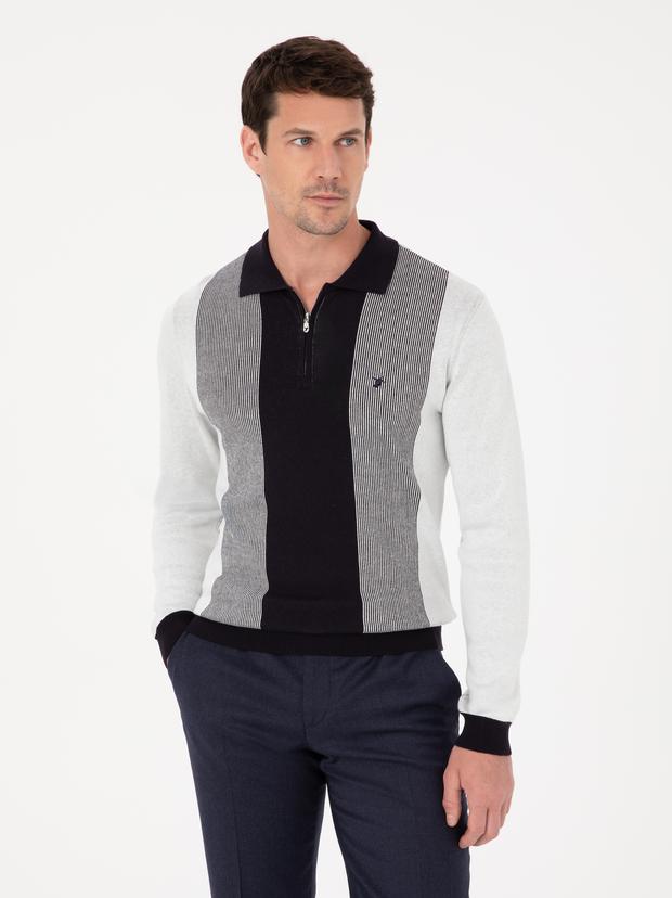 Lacivert Slim Fit Pamuk Karışımlı Fermuarlı Polo Yaka Triko Kazak