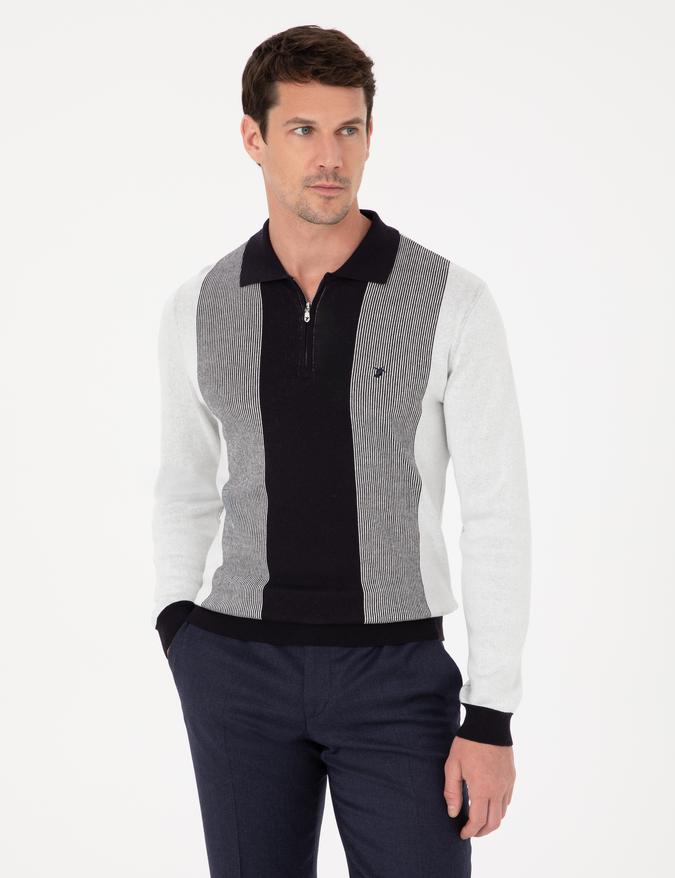Lacivert Slim Fit Pamuk Karışımlı Fermuarlı Polo Yaka Triko Kazak