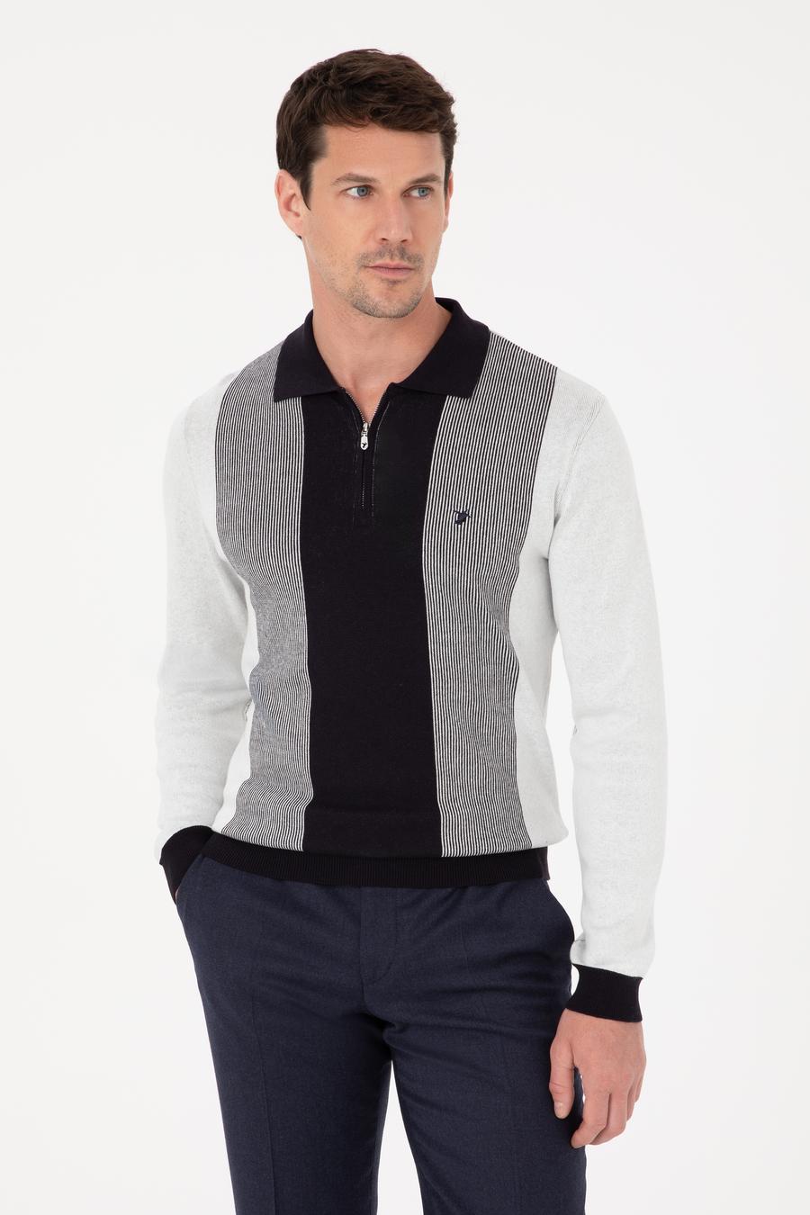 Lacivert Slim Fit Pamuk Karışımlı Fermuarlı Polo Yaka Triko Kazak - 50318975033