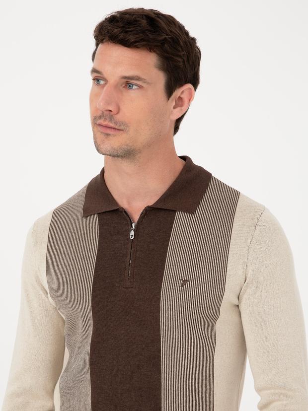 Kahverengi Slim Fit Pamuk Karışımlı Fermuarlı Polo Yaka Triko Kazak