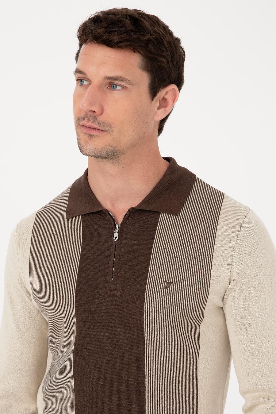 Kahverengi Slim Fit Pamuk Karışımlı Fermuarlı Polo Yaka Triko Kazak - 50318975029