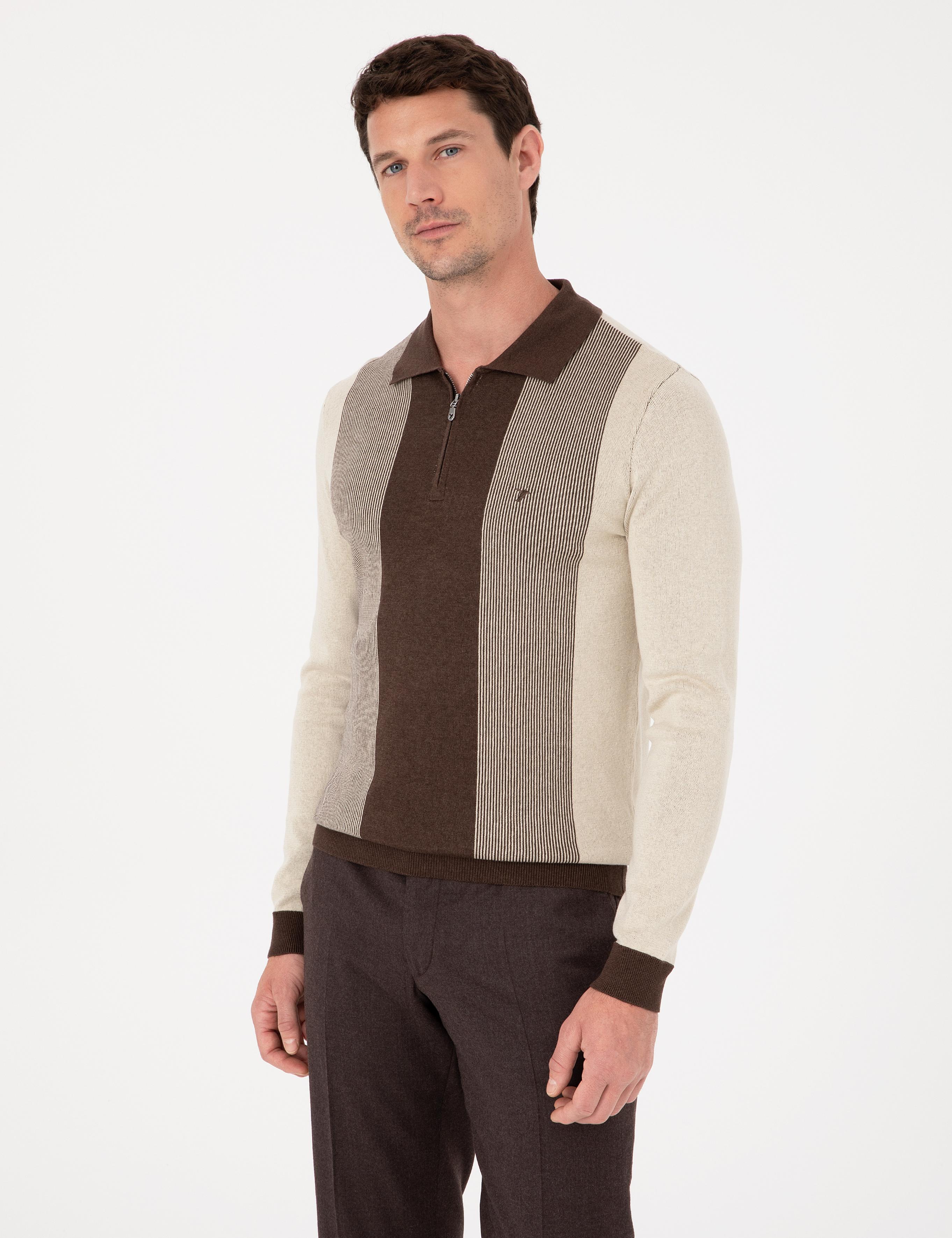 Kahverengi Slim Fit Pamuk Karışımlı Fermuarlı Polo Yaka Triko Kazak - 50318975029