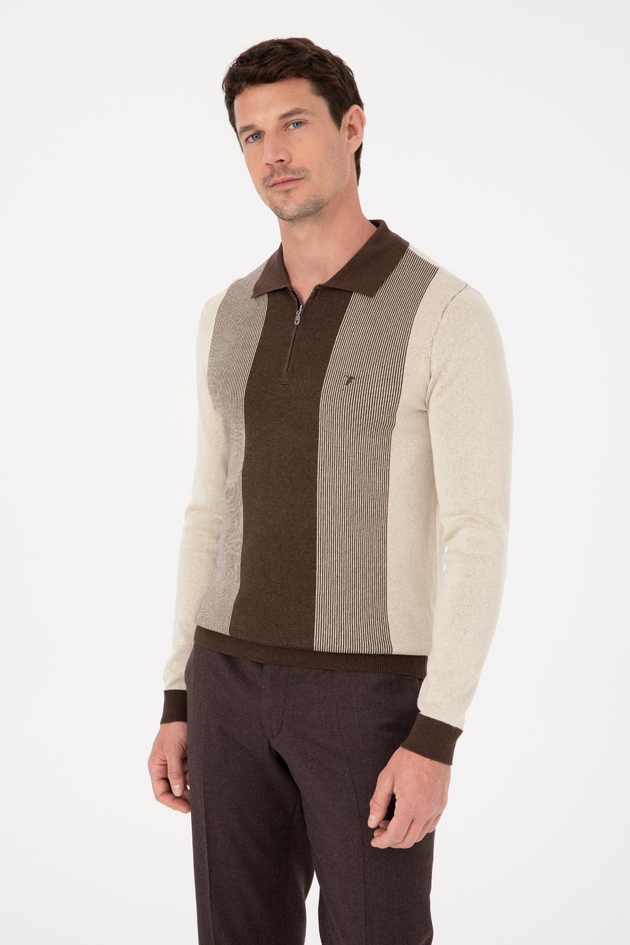 Kahverengi Slim Fit Pamuk Karışımlı Fermuarlı Polo Yaka Triko Kazak - 50318975029