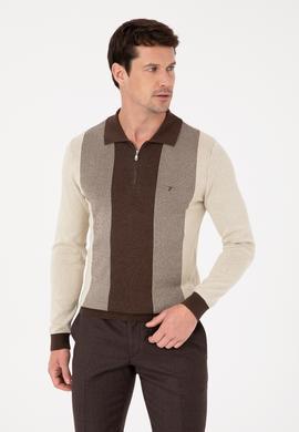 Kahverengi Slim Fit Pamuk Karışımlı Fermuarlı Polo Yaka Triko Kazak