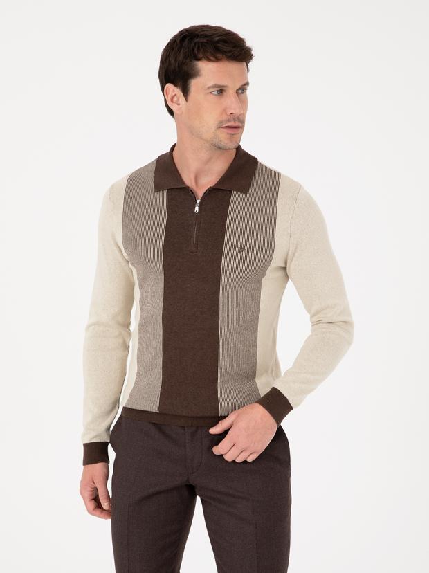 Kahverengi Slim Fit Pamuk Karışımlı Fermuarlı Polo Yaka Triko Kazak